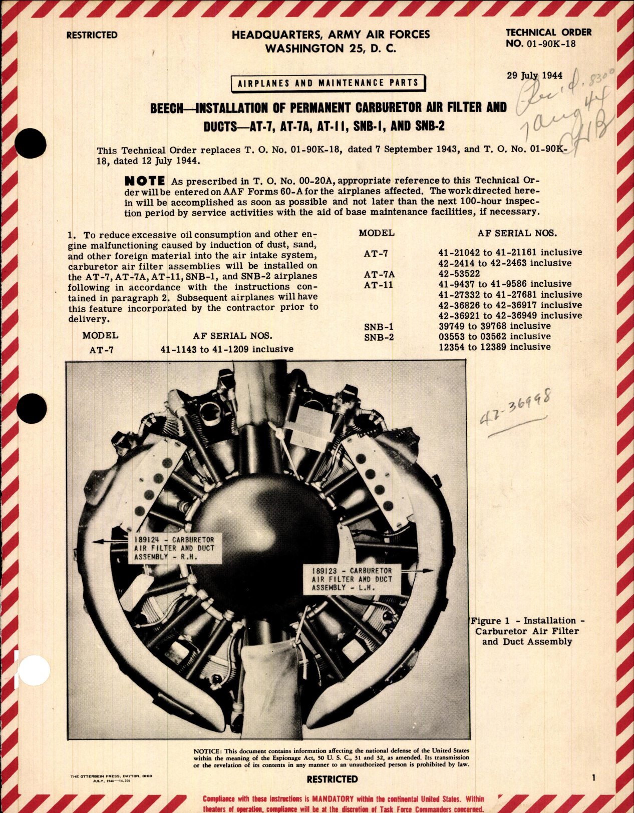 Sample page 1 from AirCorps Library document: Installation of Permanent Carburetor Air Filter and Ducts for AT-7, AT-7A, AT-11, SNB-1, and SNB-2