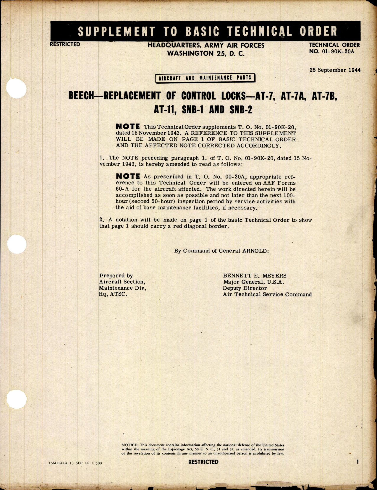 Sample page 1 from AirCorps Library document: Replacement of Control Locks for AT-7, AT-7A, AT-7B, AT-11, SNB-1, and SNB-2