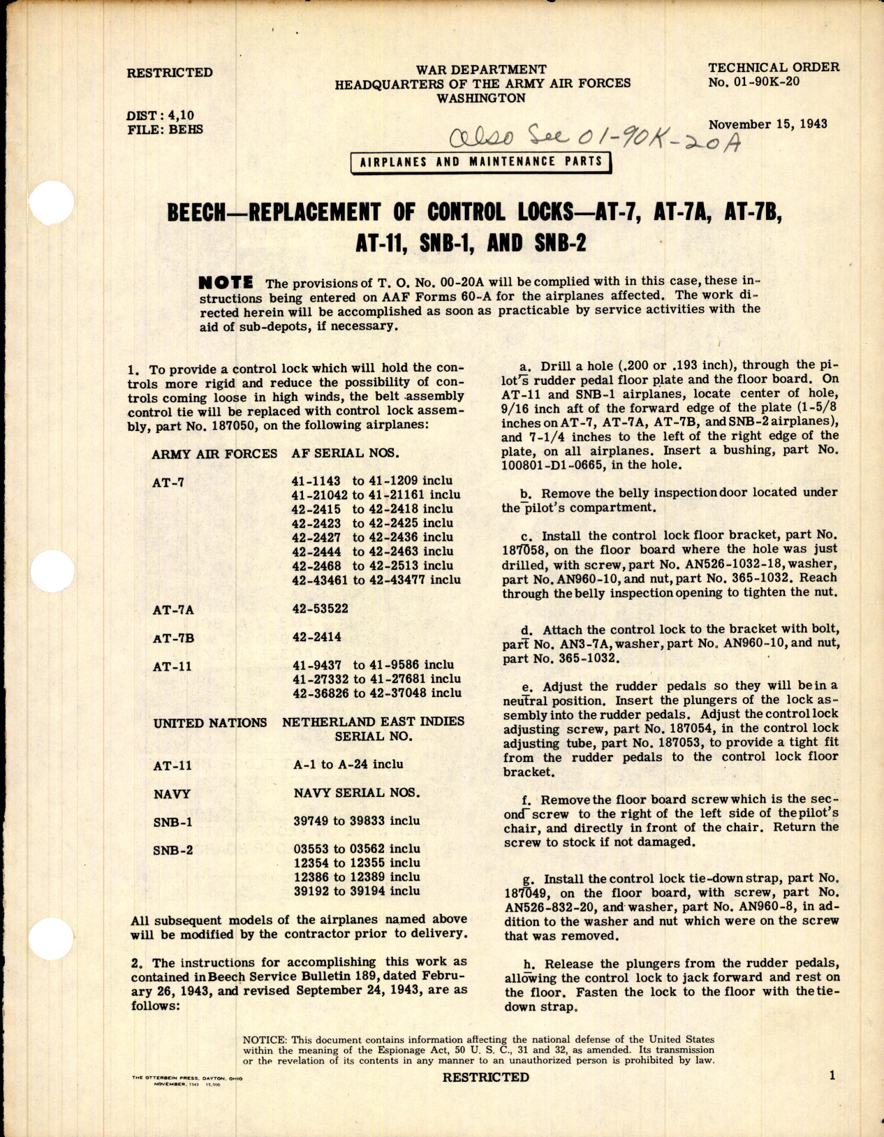 Sample page 1 from AirCorps Library document: Replacement of Control Locks for AT-7, AT-7A, AT-7B, AT-11, SNB-1, and SNB-2