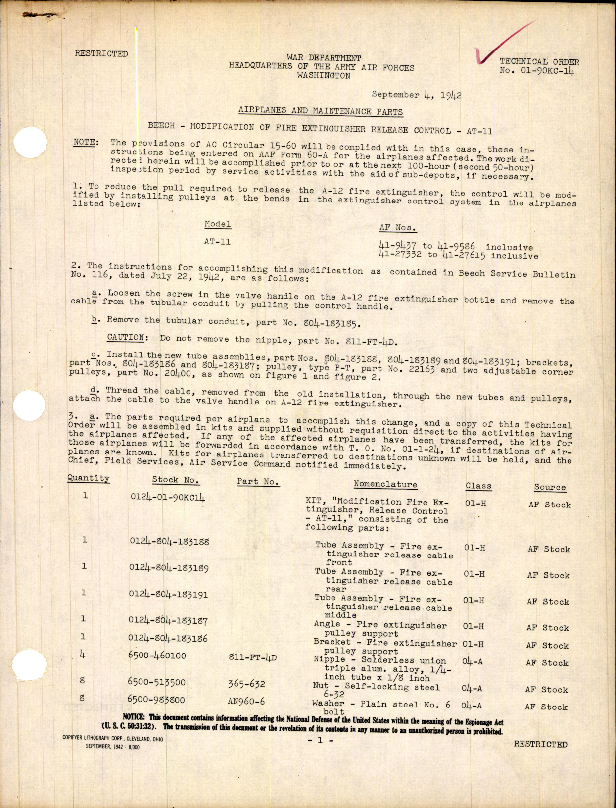 Sample page 1 from AirCorps Library document: Modification of Fire Extinguisher Release Control for AT-11