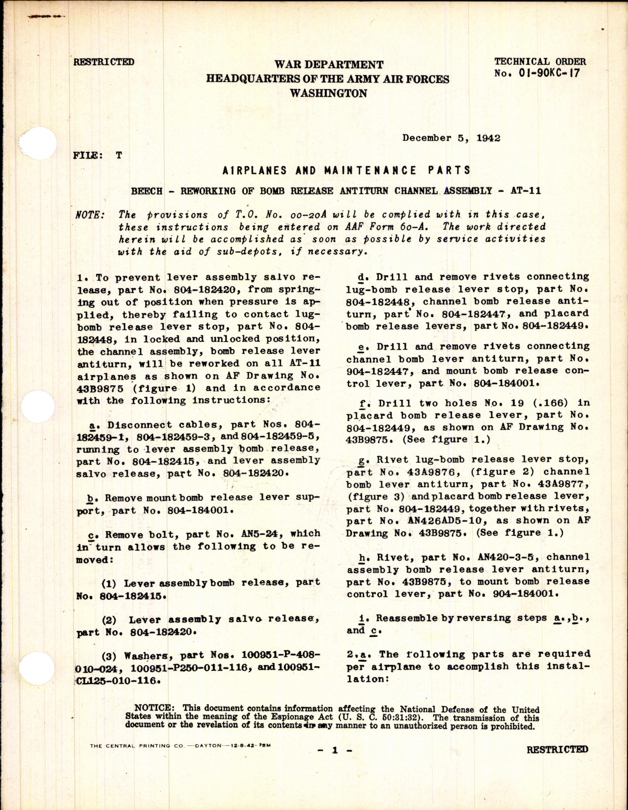 Sample page 1 from AirCorps Library document: Reworking of Bomb Release Antiturn Channel Assembly for AT-11