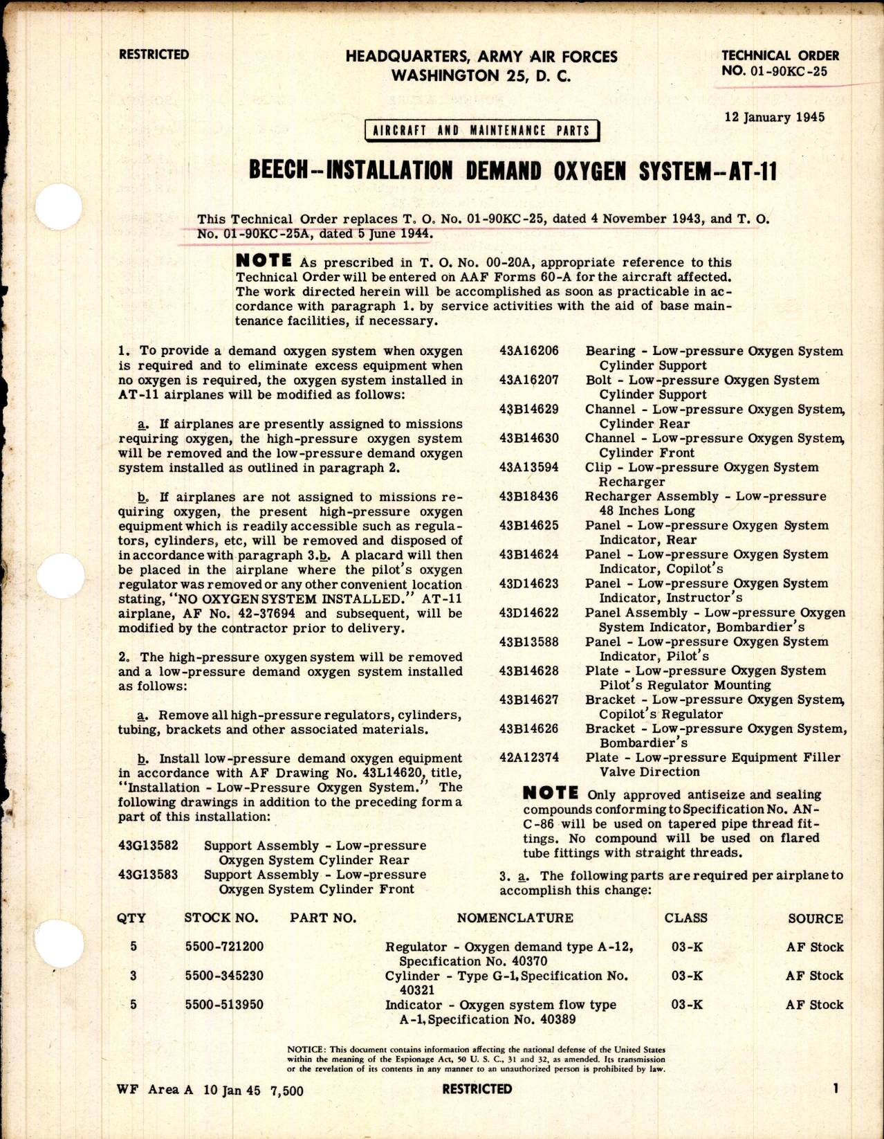 Sample page 1 from AirCorps Library document: Installation Demand Oxygen System for AT-11