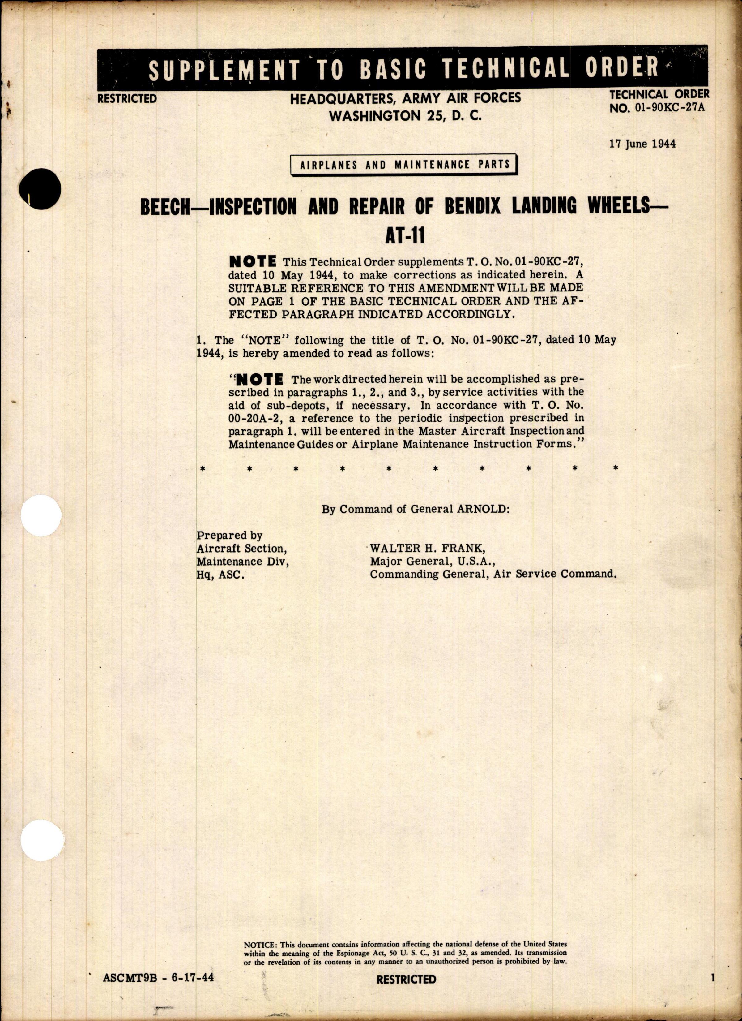 Sample page 1 from AirCorps Library document: Inspection and Repair of Bendix Landing Wheels for AT-11