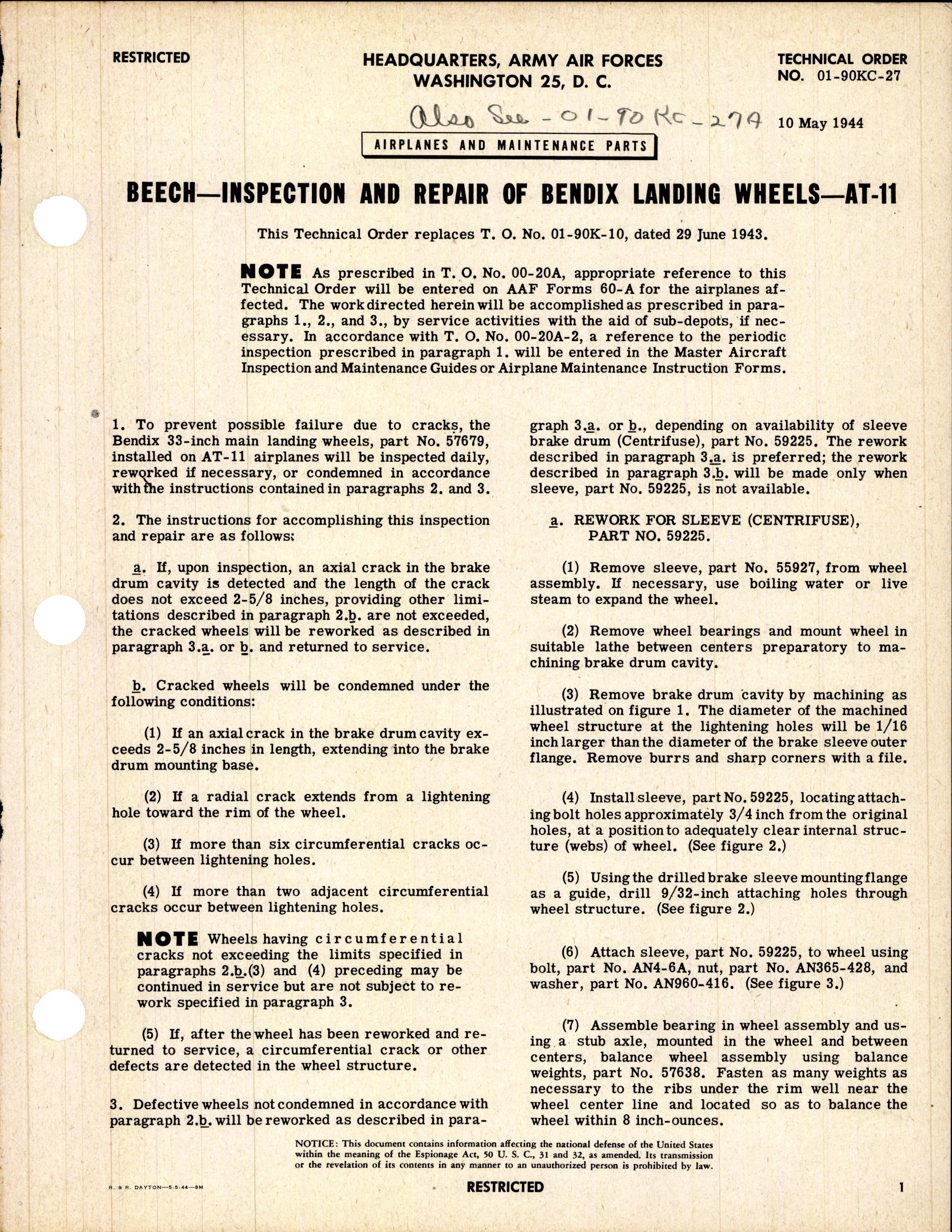 Sample page 1 from AirCorps Library document: Inspection and Repair of Bendix Landing Wheels for AT-11