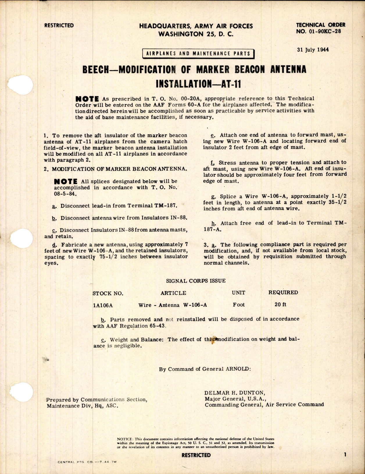 Sample page 1 from AirCorps Library document: Modification of Marker Beacon Antenna Installation for AT-11