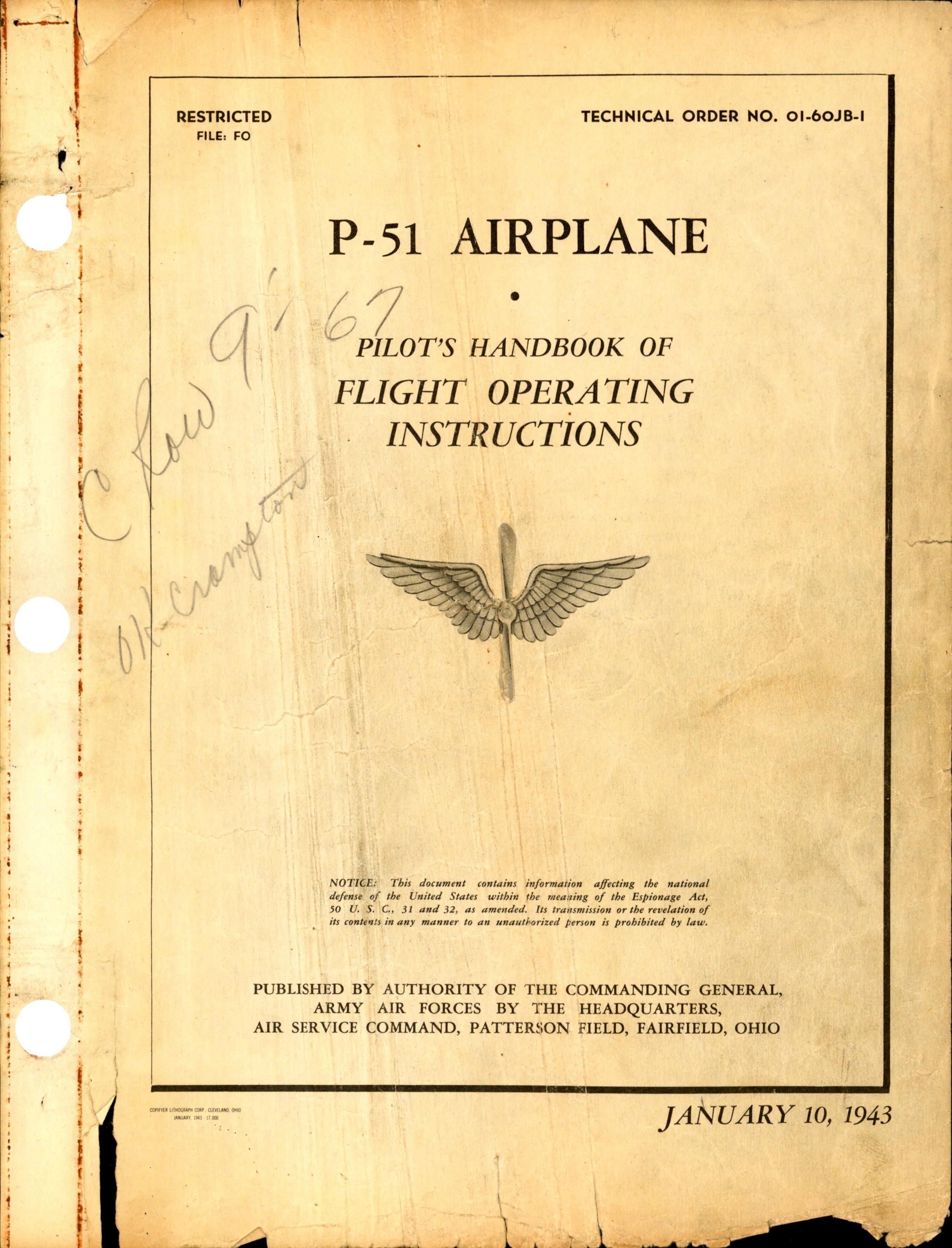Sample page 1 from AirCorps Library document: P-51 Airplane Pilots Handbook of Flight Operating Instructions