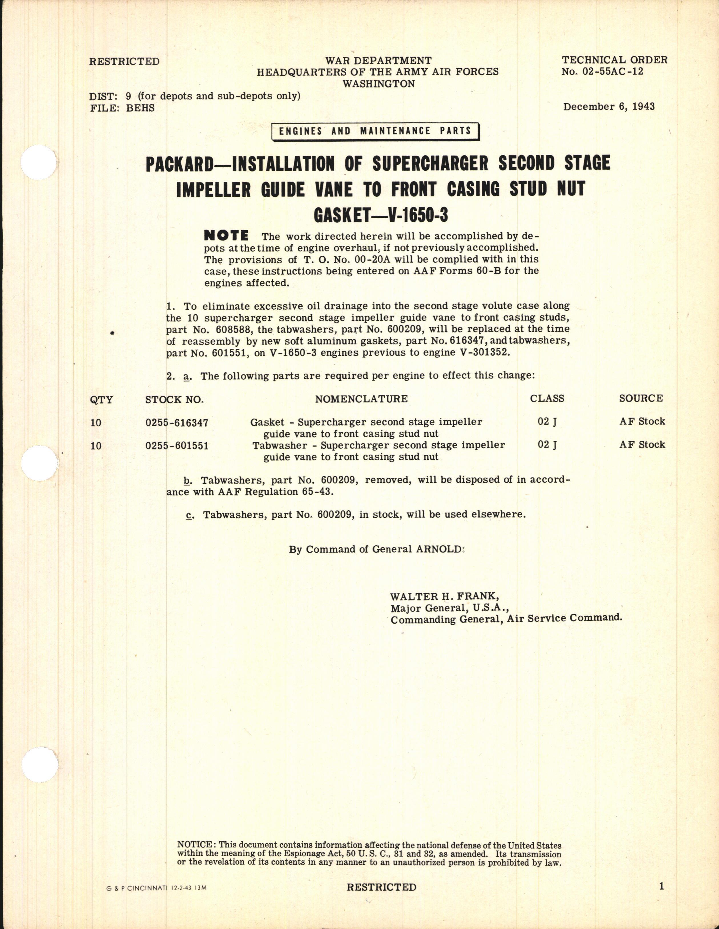 Sample page 1 from AirCorps Library document: Installation of Supercharger Second Stage Impeller Guide Vane Front Casting Stud Nut Gasket for V-1650-3