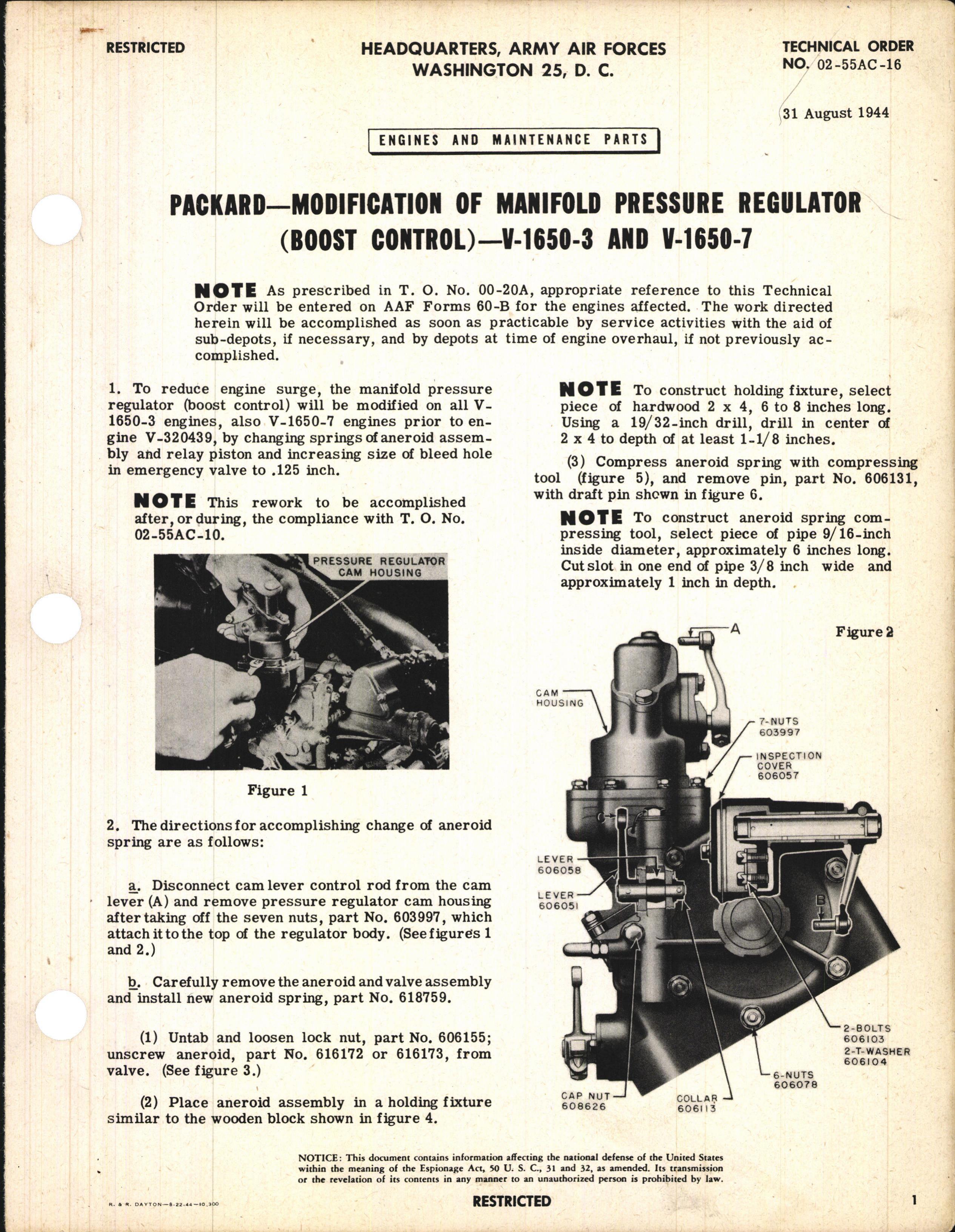 Sample page 1 from AirCorps Library document: Modification of Manifold Pressure Regulator (Boost Control) for V-1650-3 and -7