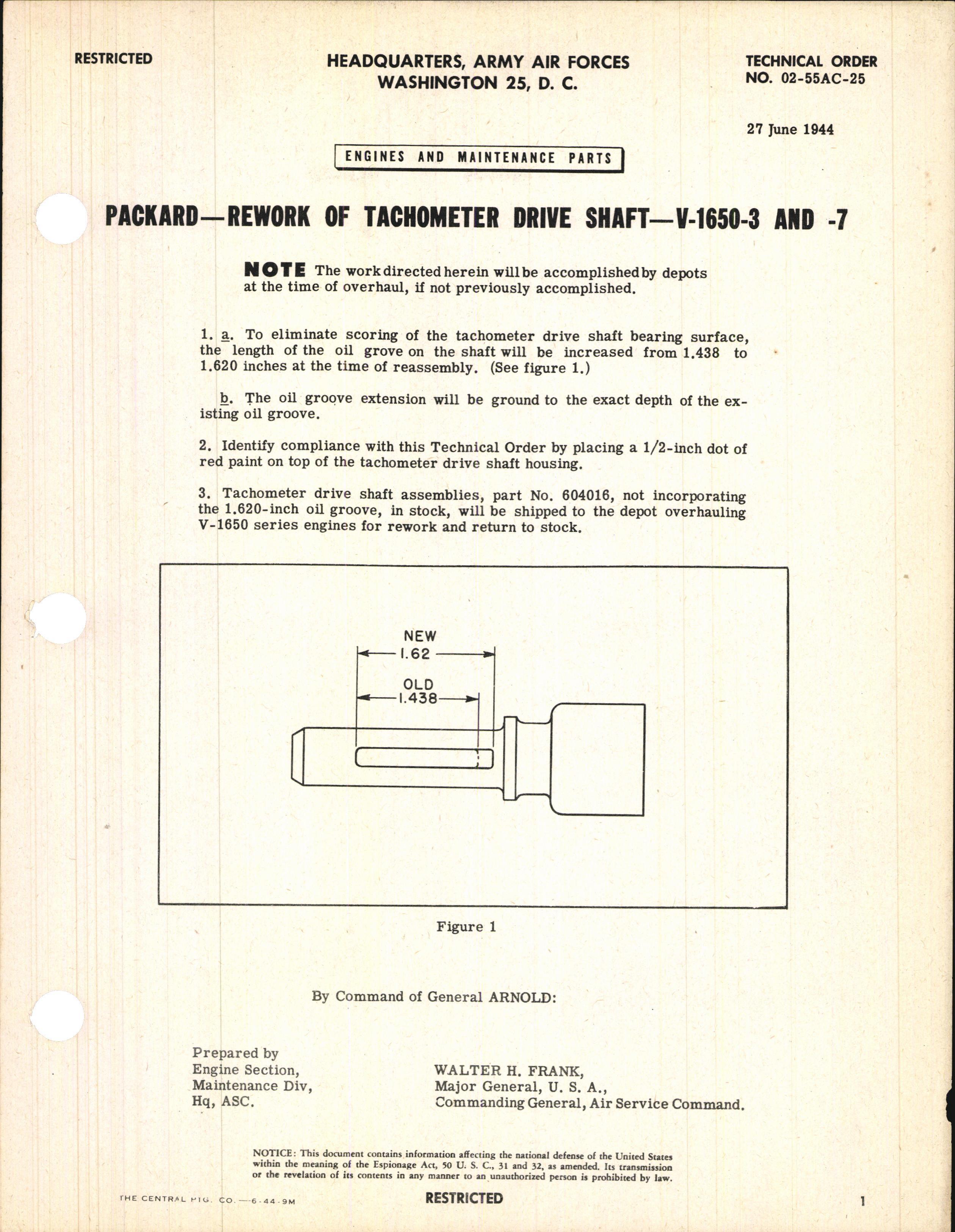 Sample page 1 from AirCorps Library document: Rework of Tachometer Drive Shaft for V-1650-3 and -7