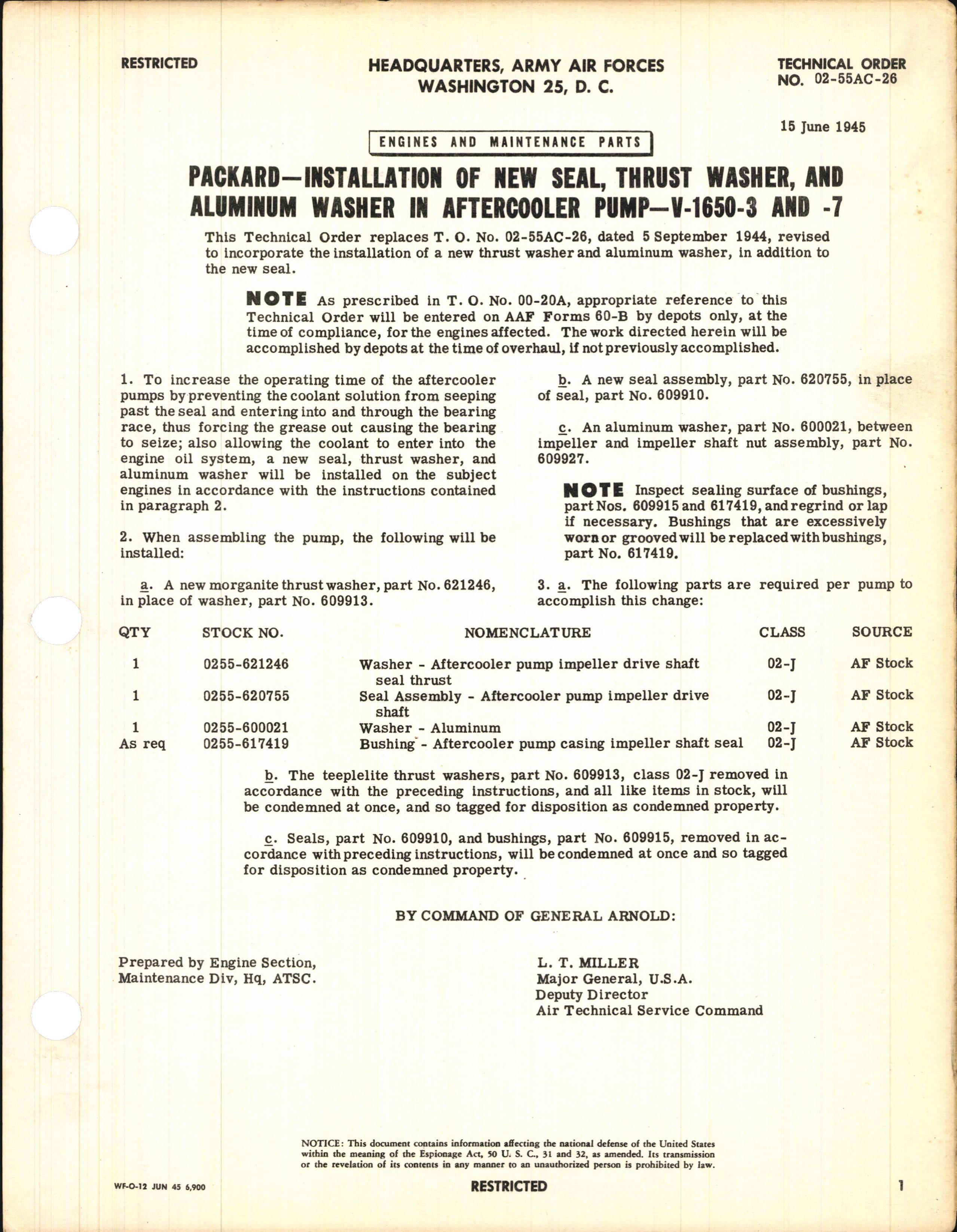 Sample page 1 from AirCorps Library document: Installation of New Seal, Thrust Washer, and Aluminum Washer in Aftercooler Pump for V-1650-3 and -7