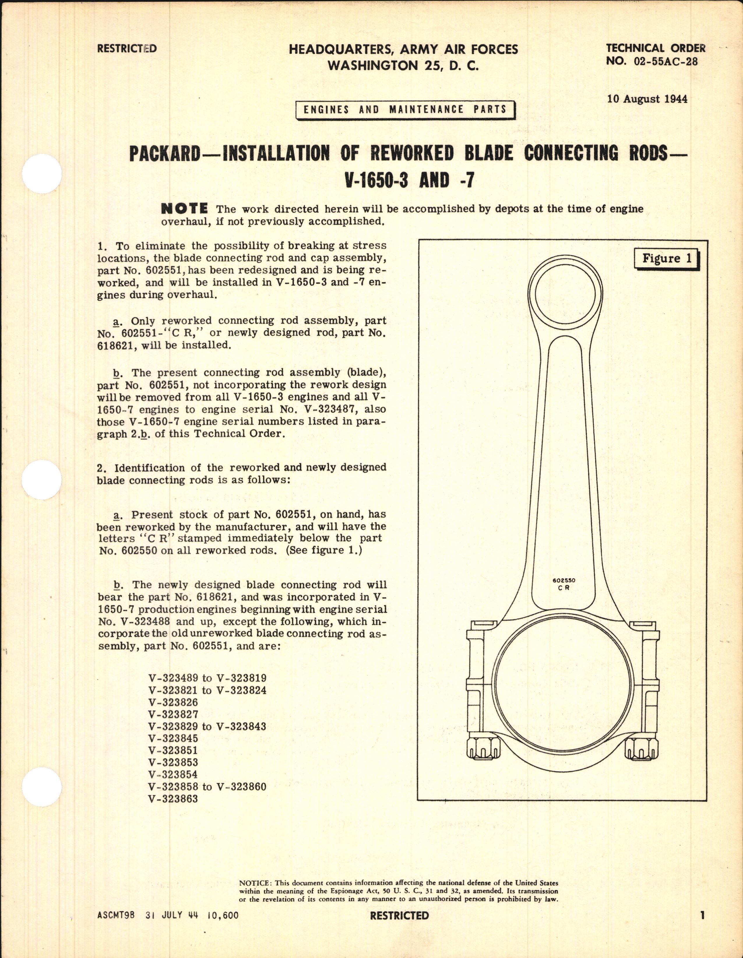Sample page 1 from AirCorps Library document: Installation of Reworked Blade Connecting Rods for V-1650-3 and -7