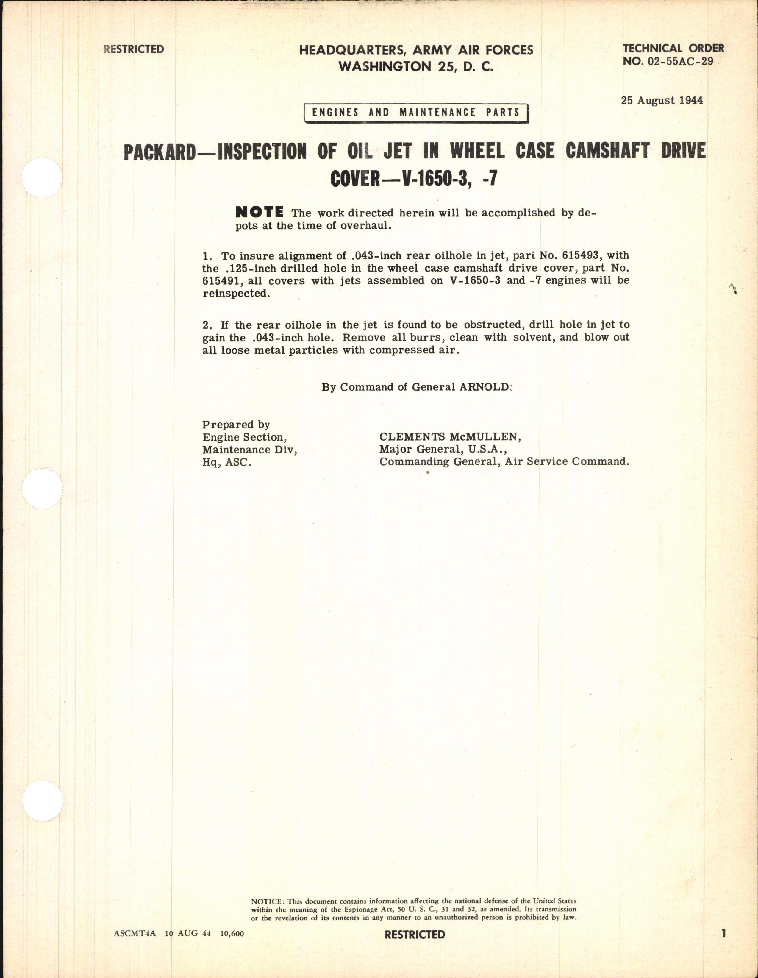 Sample page 1 from AirCorps Library document: Inspection of Oil Jet in Wheel Case Camshaft Drive Cover for V-1650-3 and -7