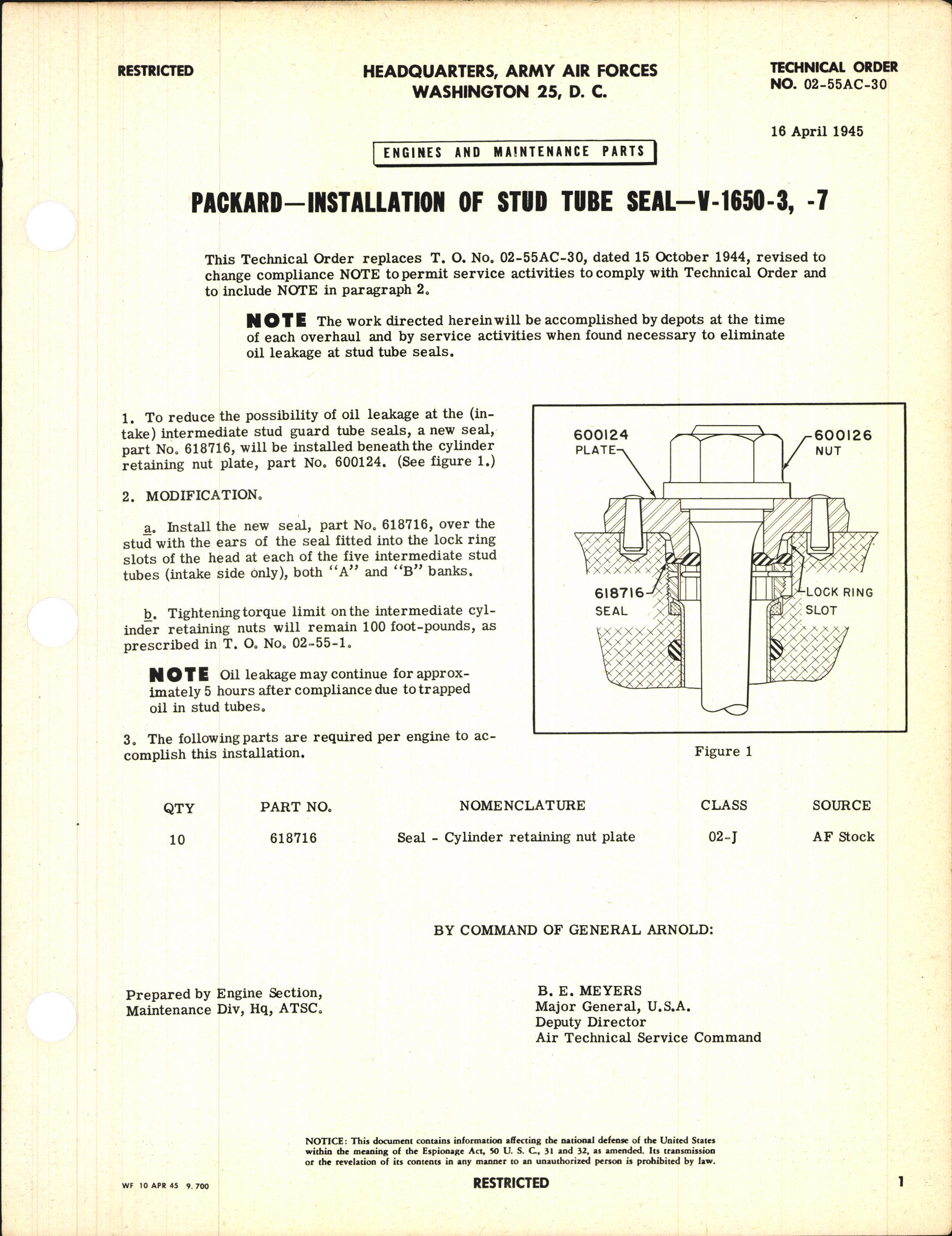 Sample page 1 from AirCorps Library document: Installation of Stud Tube Seal for V-1650-3 and -7