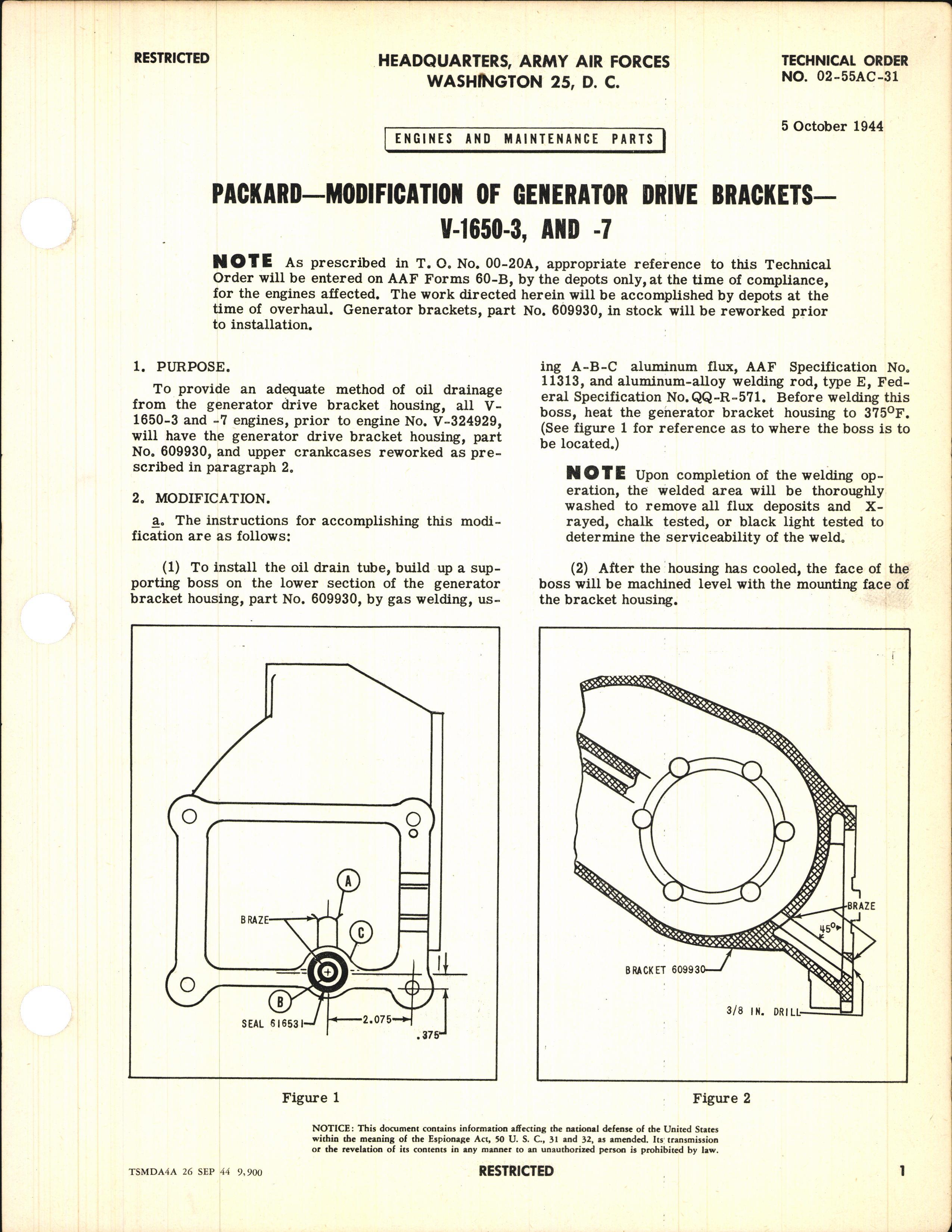 Sample page 1 from AirCorps Library document: Modification of Generator Drive Brackets for V-1650-3 and -7