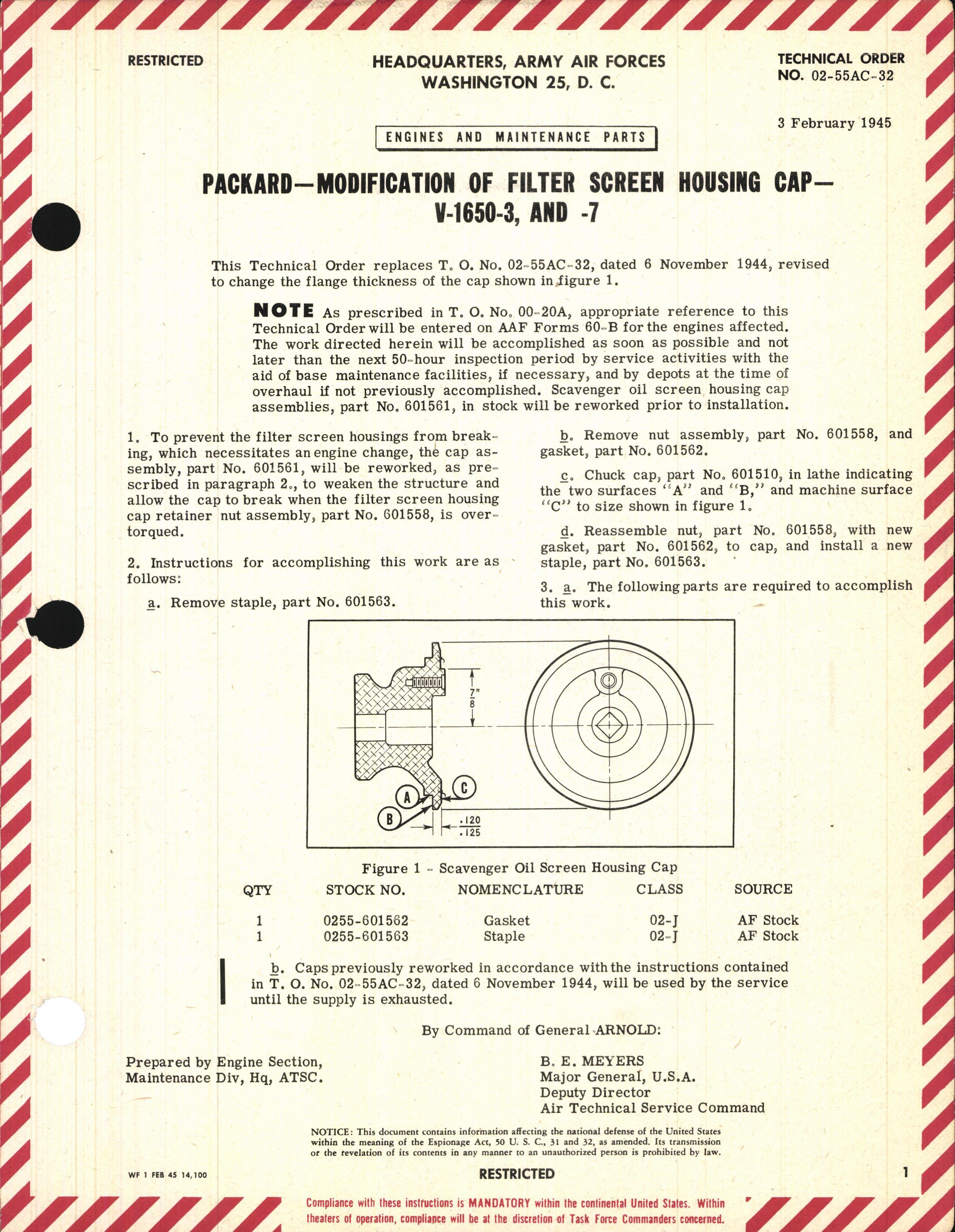 Sample page 1 from AirCorps Library document: Modification of Filter Screen Housing Cap for V-1650-3 and -7