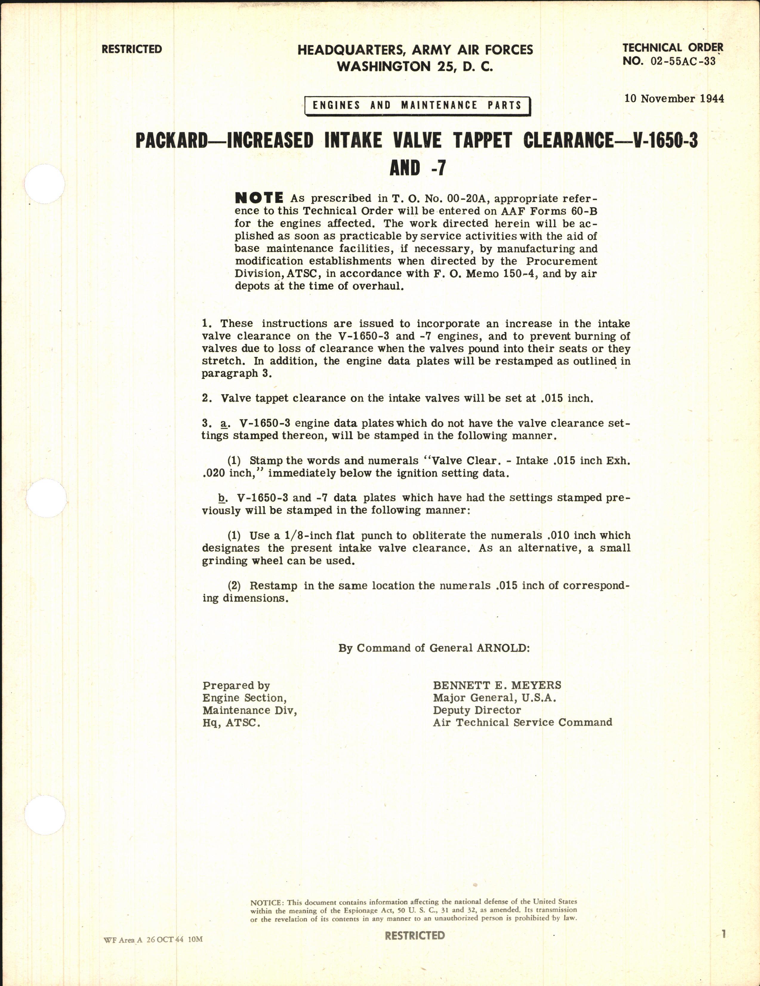 Sample page 1 from AirCorps Library document: Increased Intake Valve Tappet Clearance for V-1650-3 and -7
