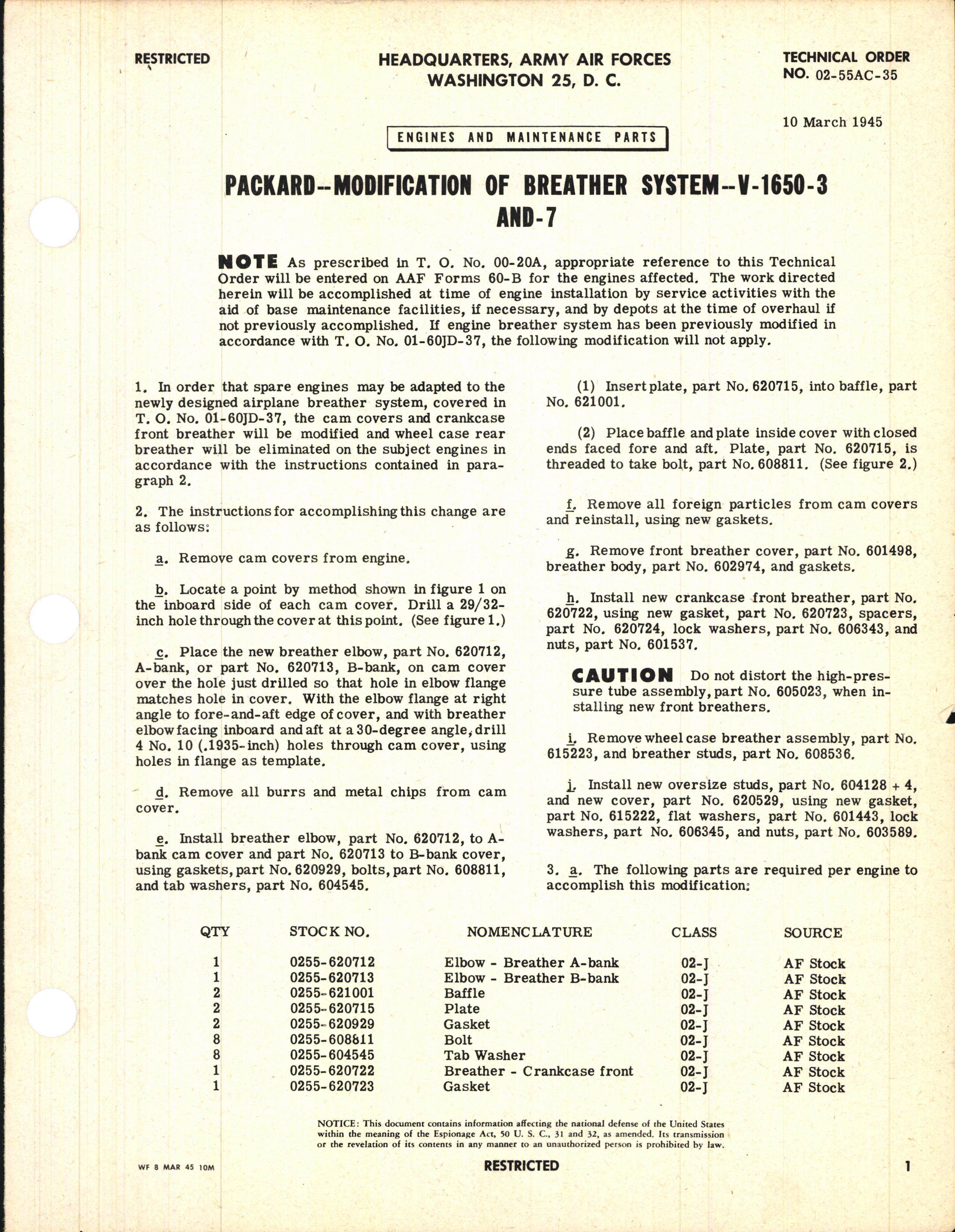 Sample page 1 from AirCorps Library document: Modification of Breather System for V-1650-3 and -7