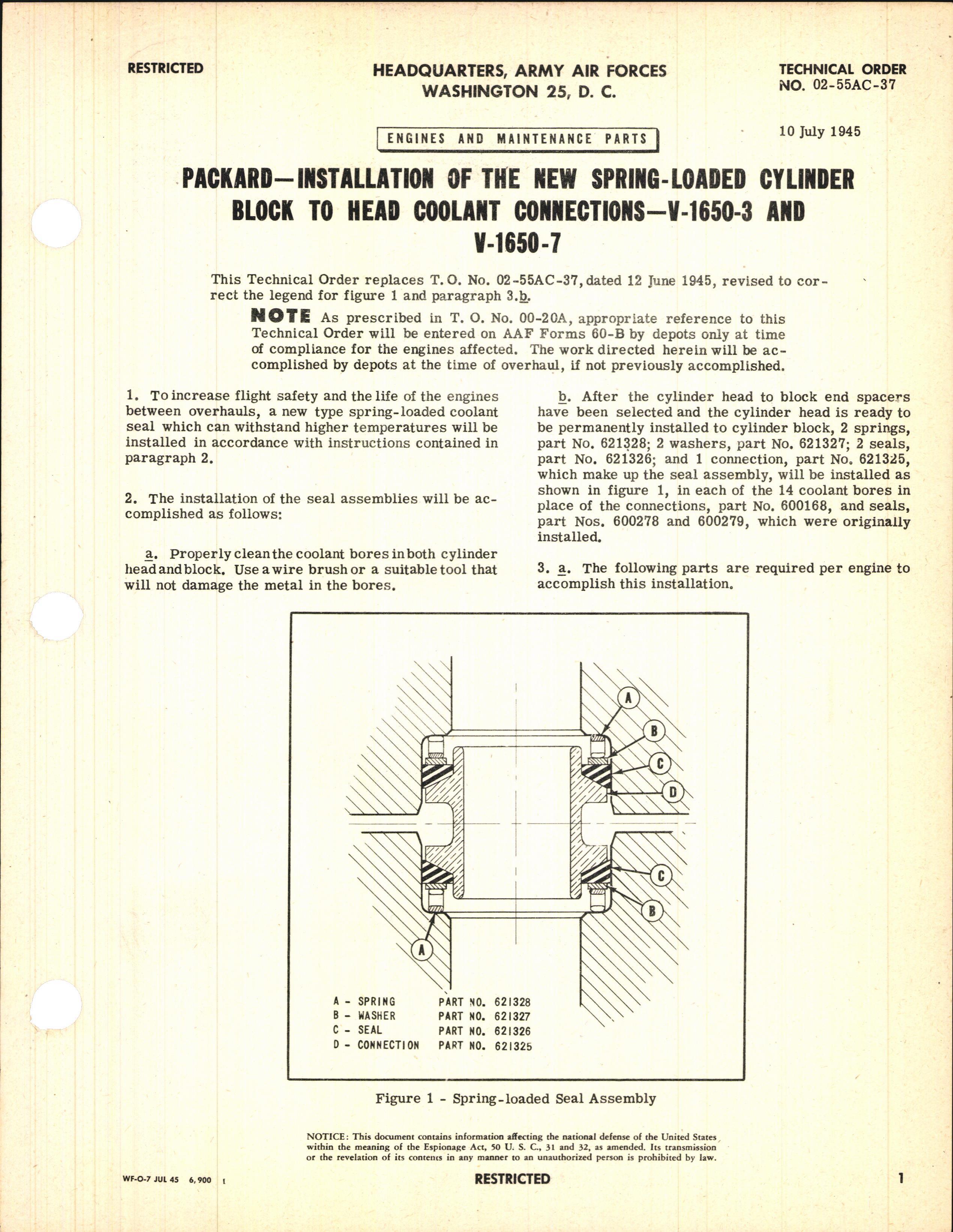 Sample page 1 from AirCorps Library document: Installation of the New Spring-Loaded Cylinder Block to Head Coolant Connections for V-1650-3 and -7