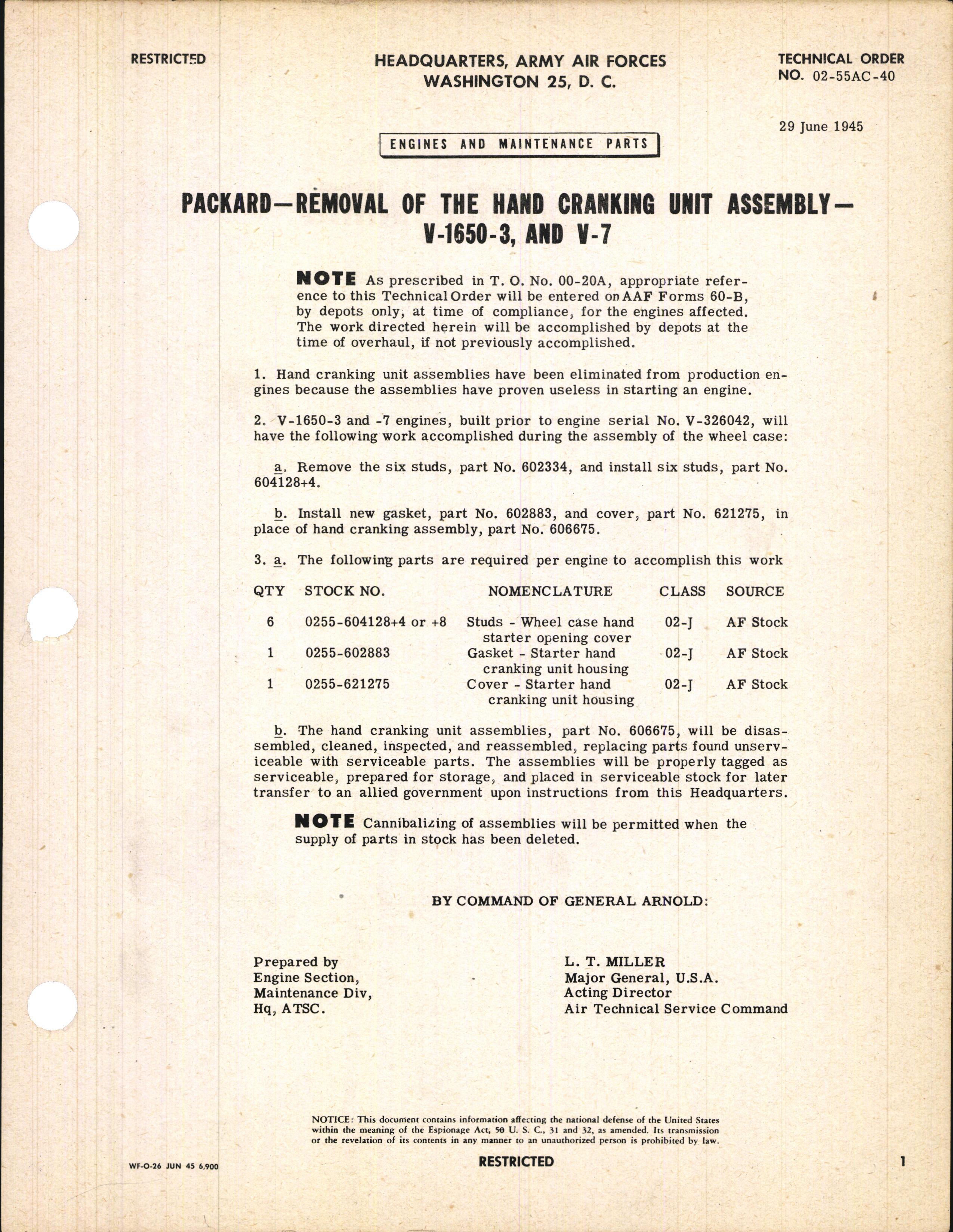 Sample page 1 from AirCorps Library document: Removal of the Hand Cranking Unit Assembly for V-1650-3 and -7