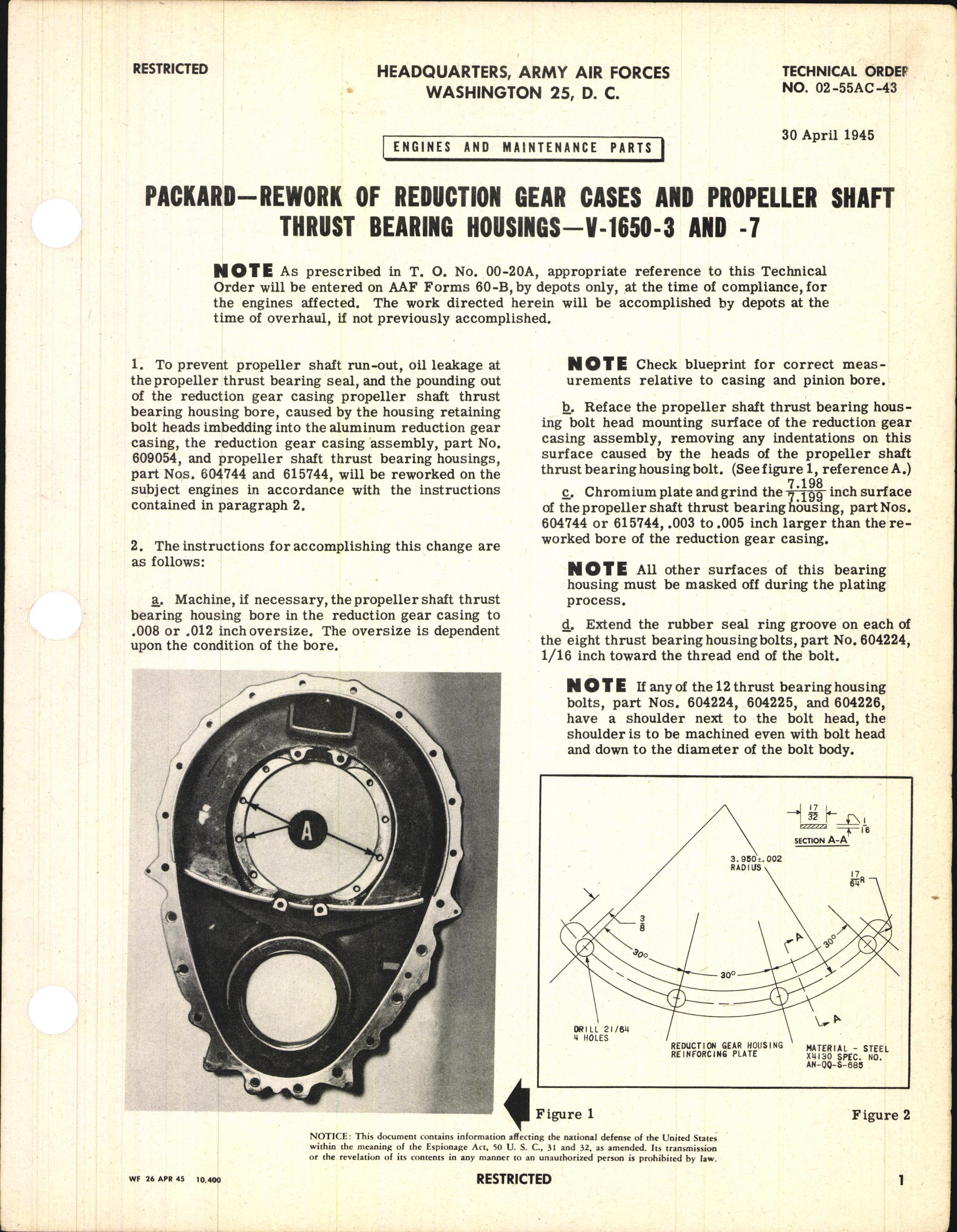 Sample page 1 from AirCorps Library document: Rework of Reduction Gear Cases and Propeller Shaft Thrust Bearing Housings for V-1650-3 and -7