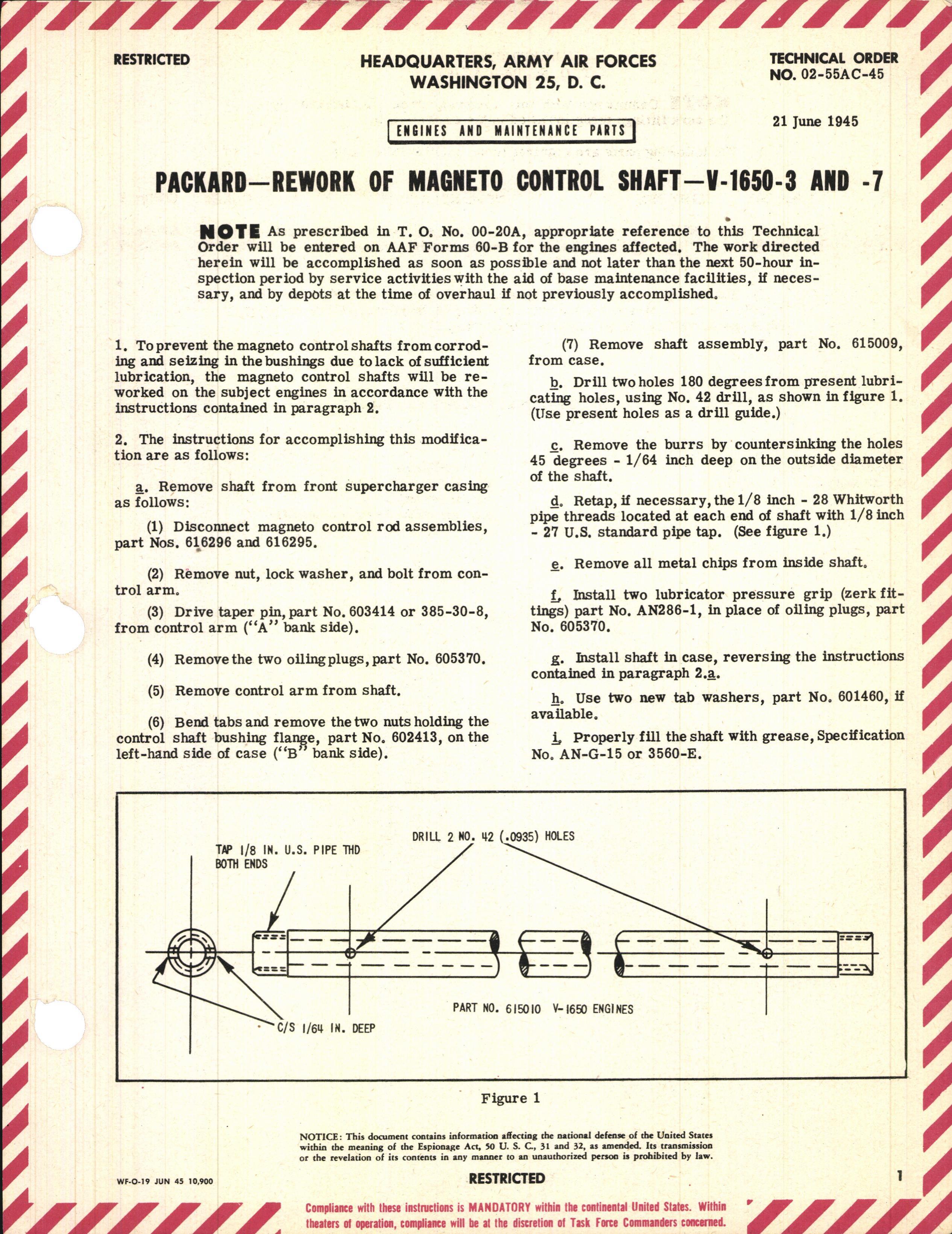 Sample page 1 from AirCorps Library document: Rework of Magneto Control Shaft for V-1650-3 and -7