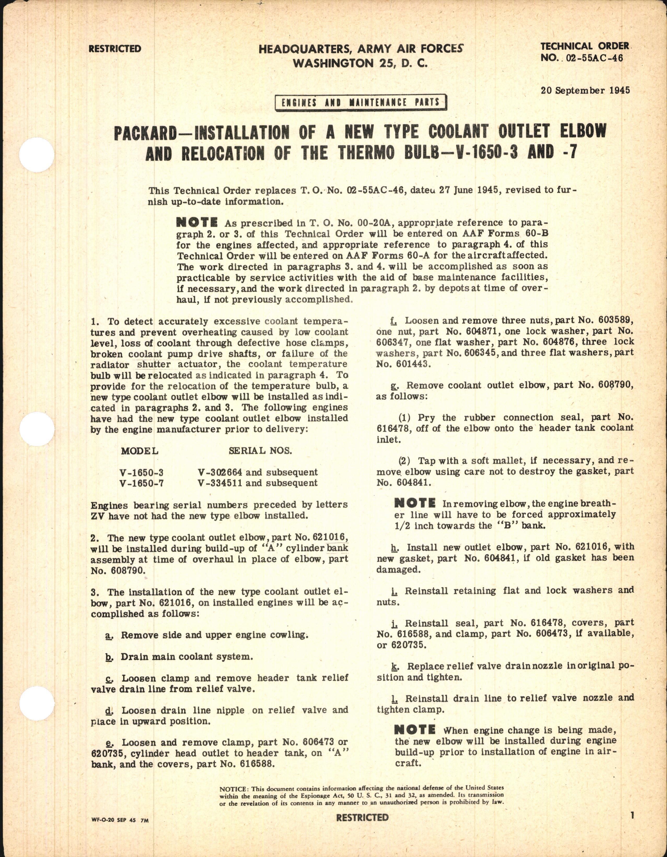 Sample page 1 from AirCorps Library document: Installation of a New Coolant Outlet Elbow and Relocation of the Thermo Bulb for V-1650-3 and -7