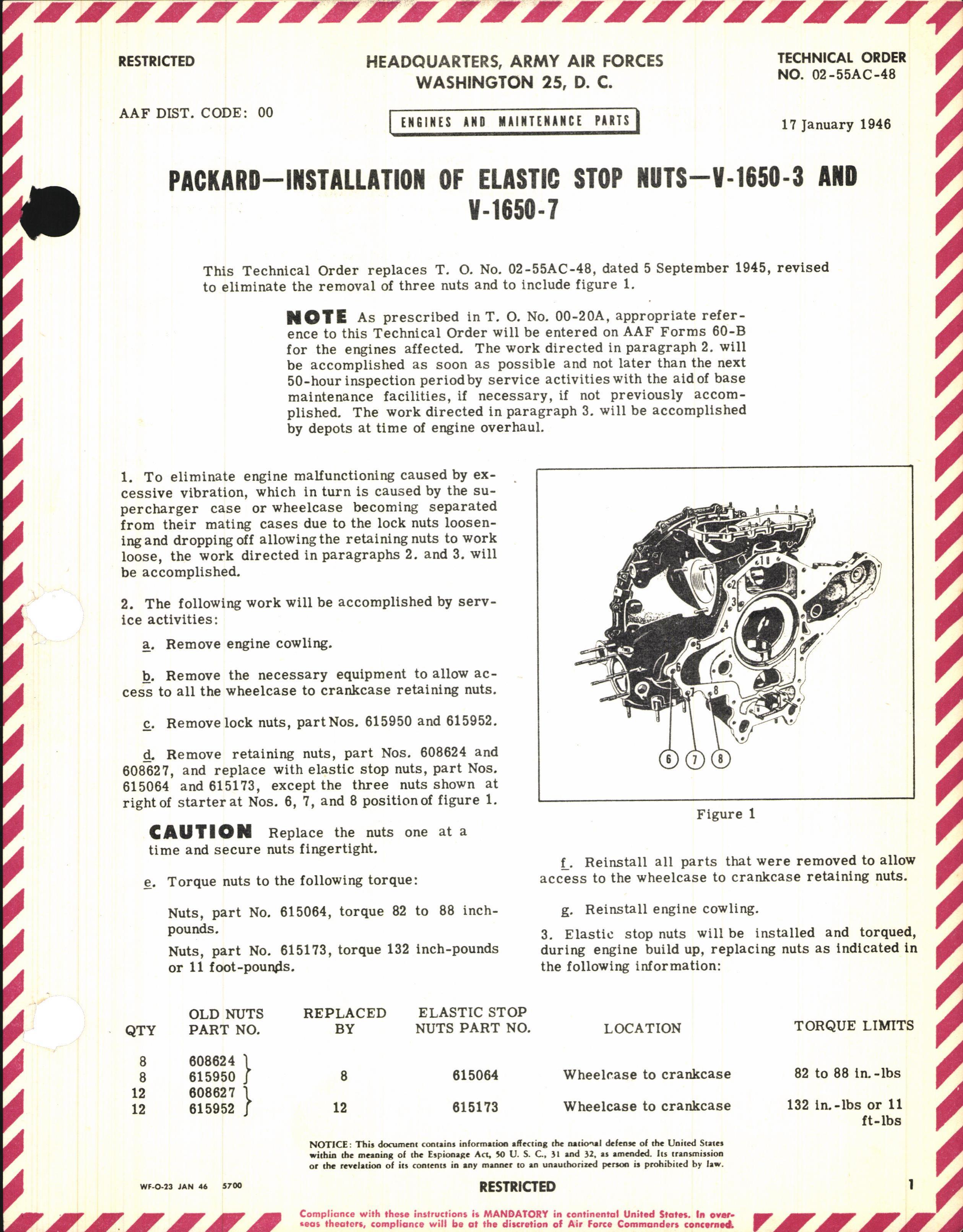 Sample page 1 from AirCorps Library document: Installation of Elastic Stop Nuts for V-1650-3 and V-1650-7