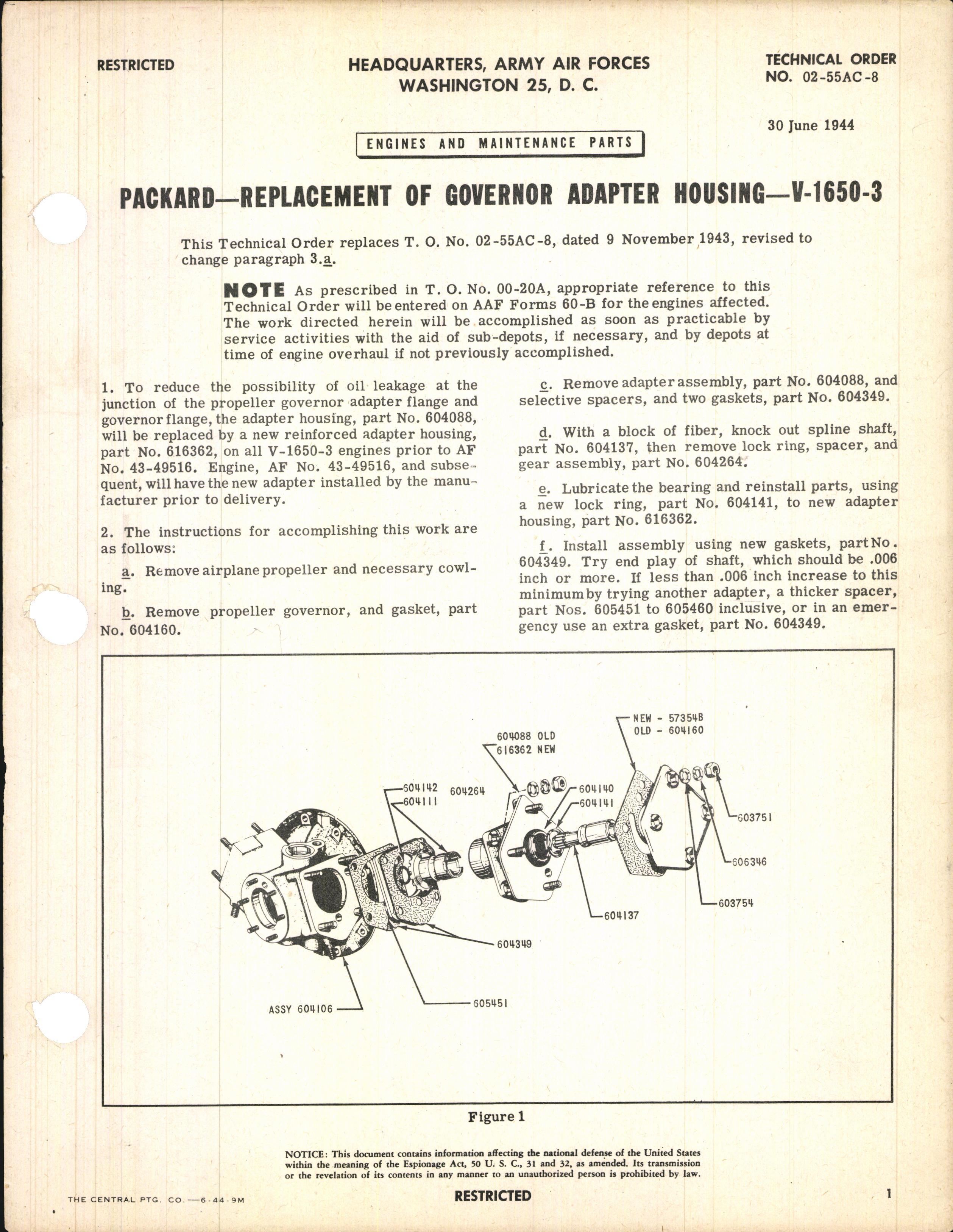 Sample page 1 from AirCorps Library document: Replacement of Governor Adapter Housing for V-1650-3