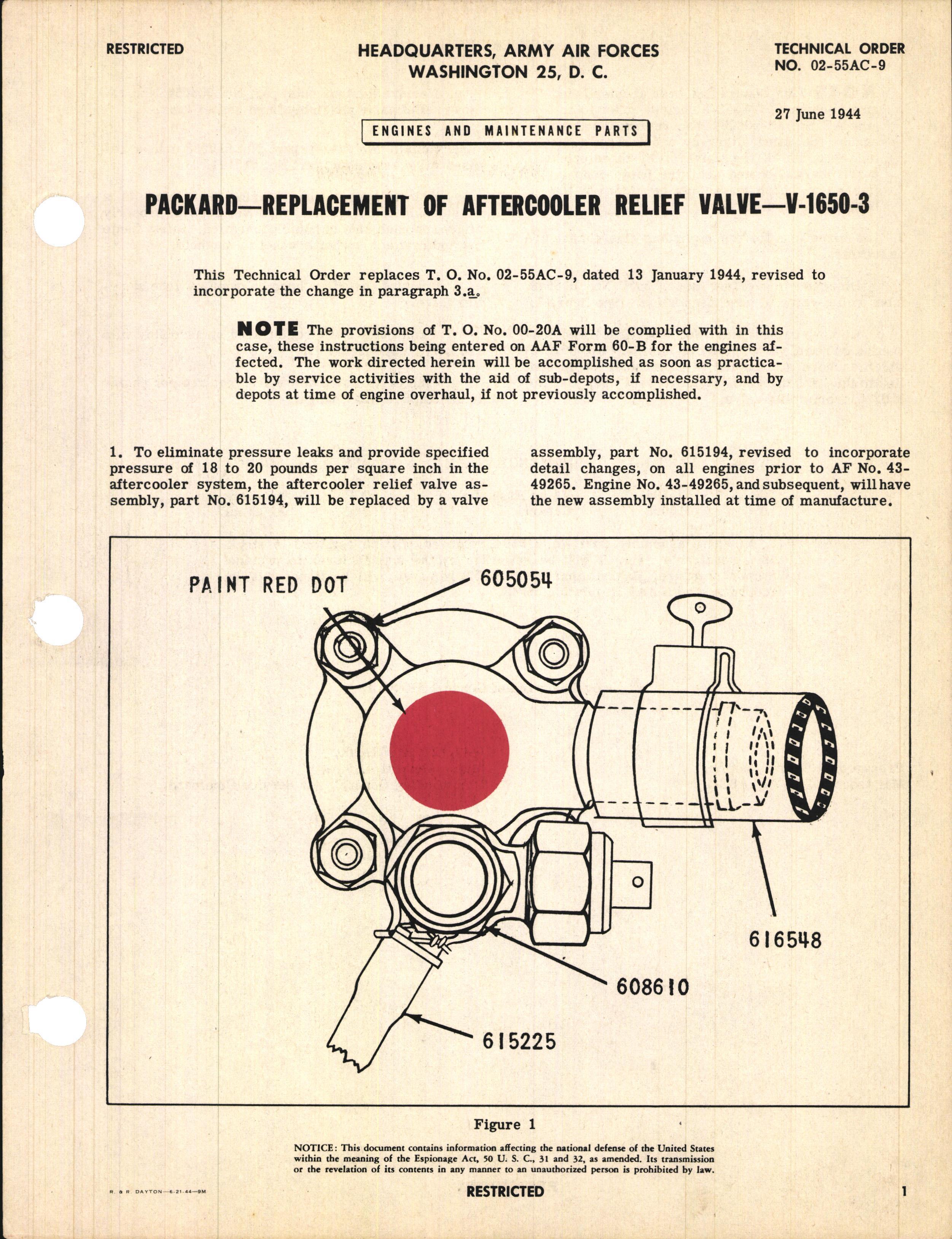 Sample page 1 from AirCorps Library document: Replacement of Aftercooler Relief Valve for V-1650-3