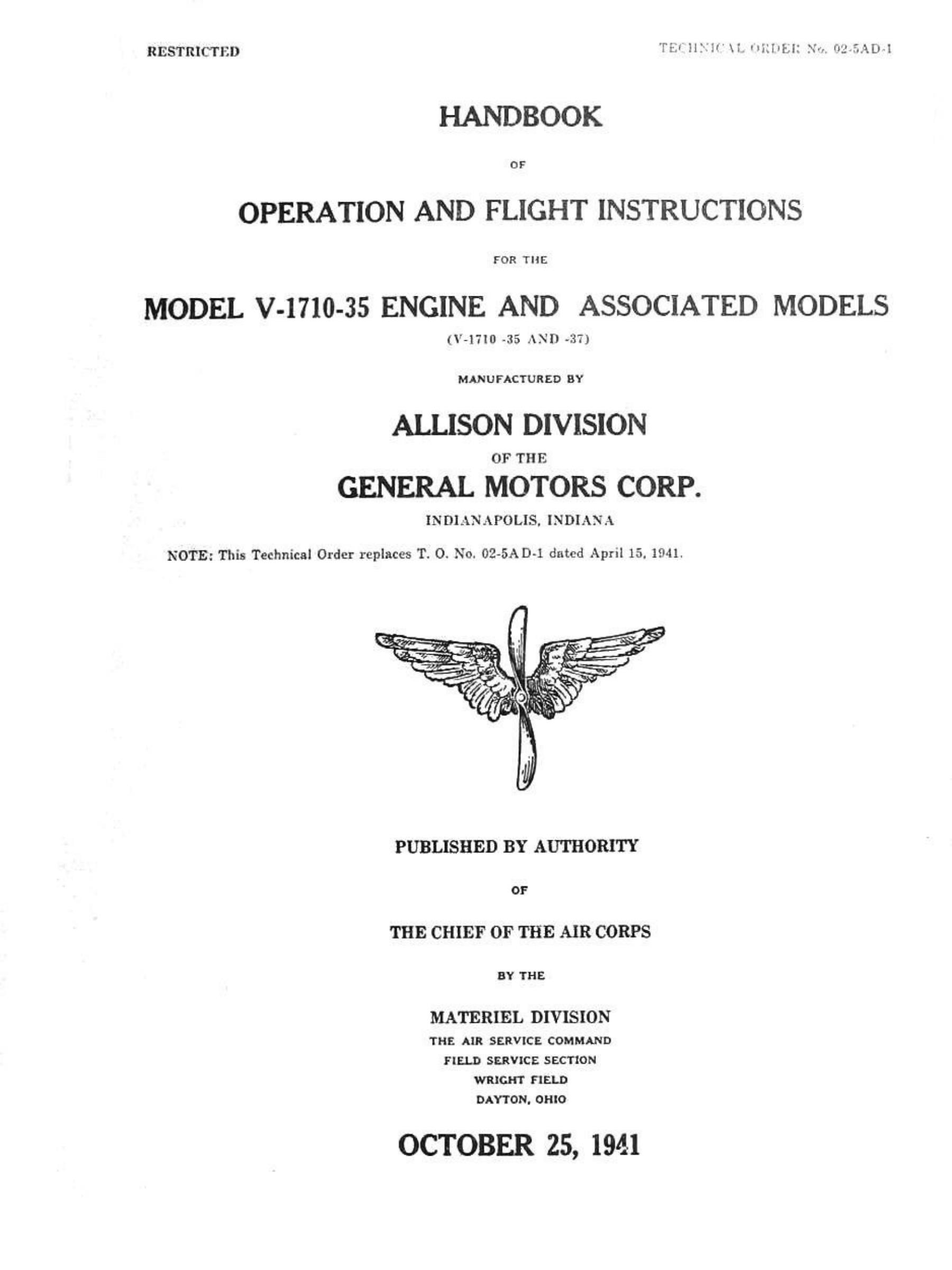 Sample page 1 from AirCorps Library document: Op and Flight Inst for the Model V-1710-35 Engine and Associated Models