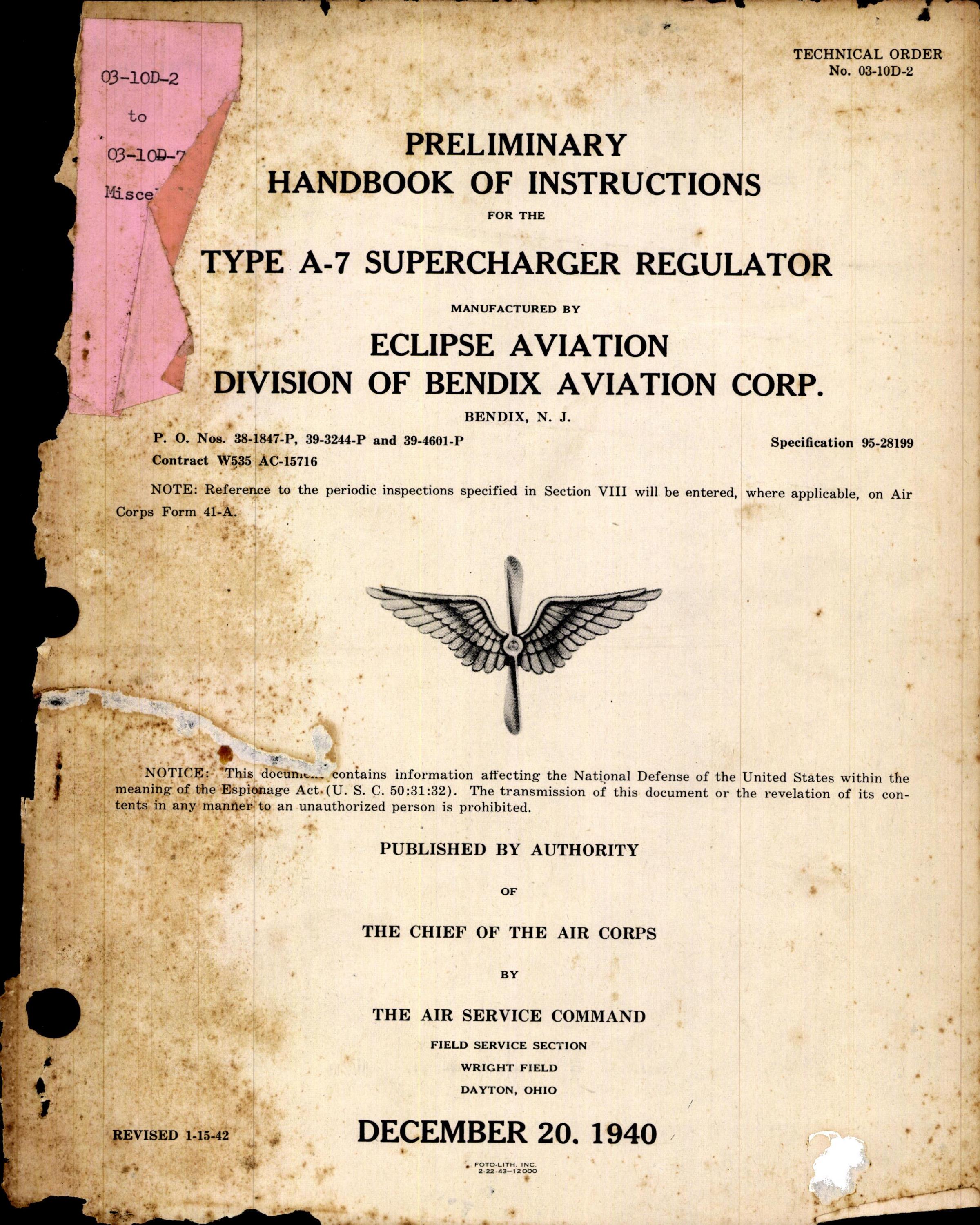 Sample page 1 from AirCorps Library document: Preliminary Handbook of Intstructions for the Type A-7 Supercharger Regulator