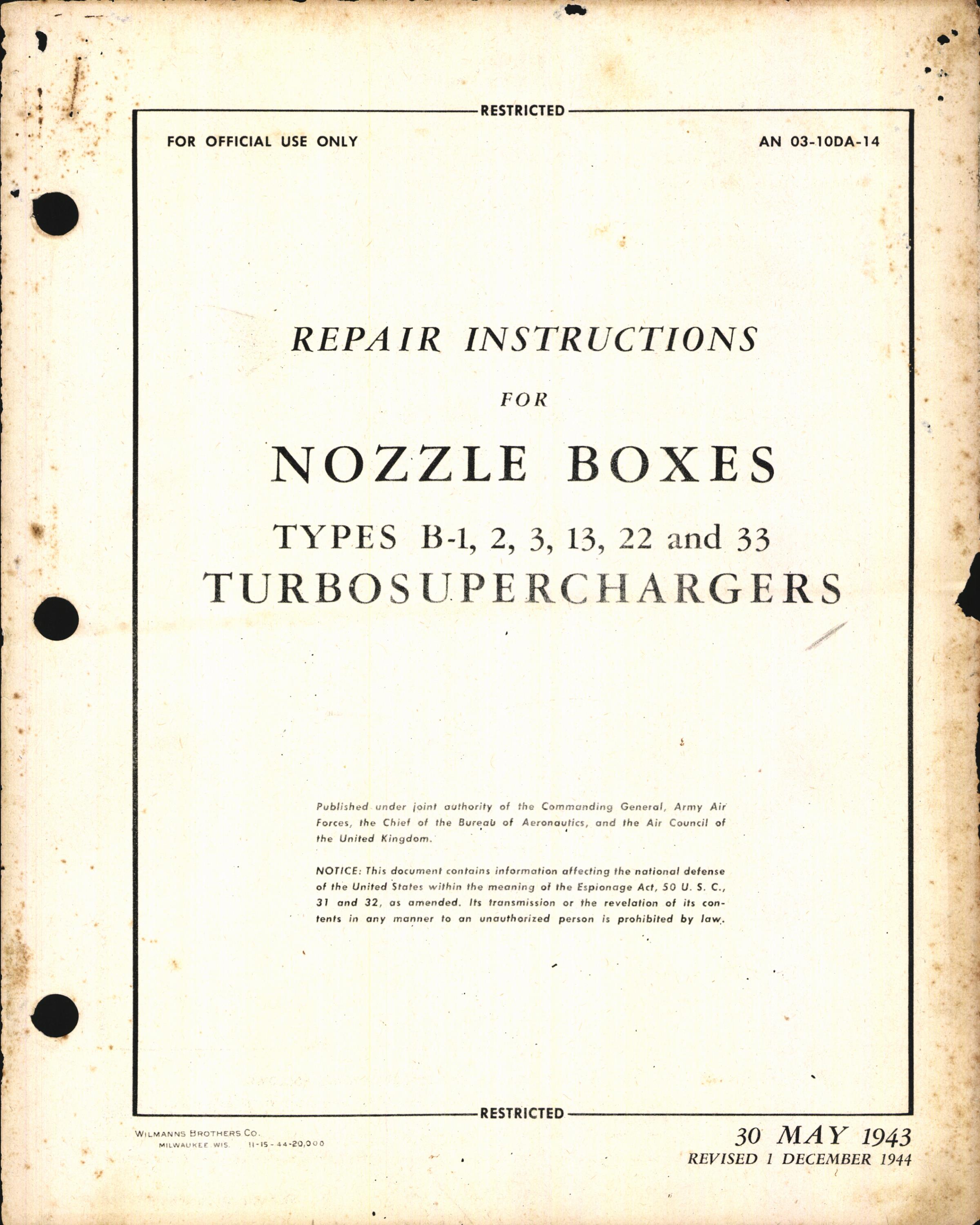 Sample page 1 from AirCorps Library document: Repair Instructions for Nozzle Boxes Types B-1, 2, 3, 13, 22, & 33 Turbosuperchargers