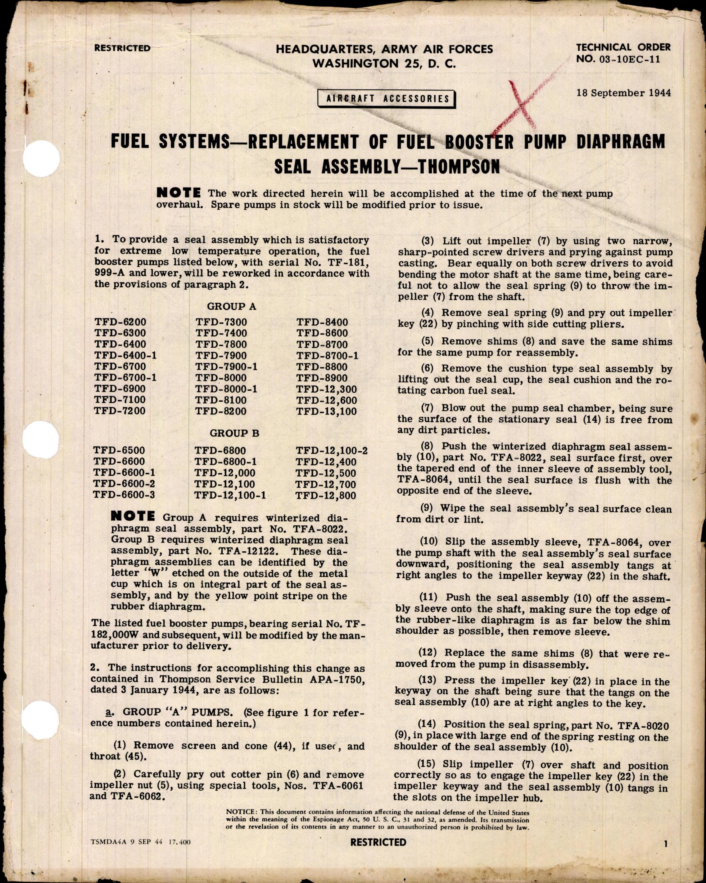 Sample page 1 from AirCorps Library document: Replacement of Thompson Fuel Booster Pump Diaphagm Seal Assembly