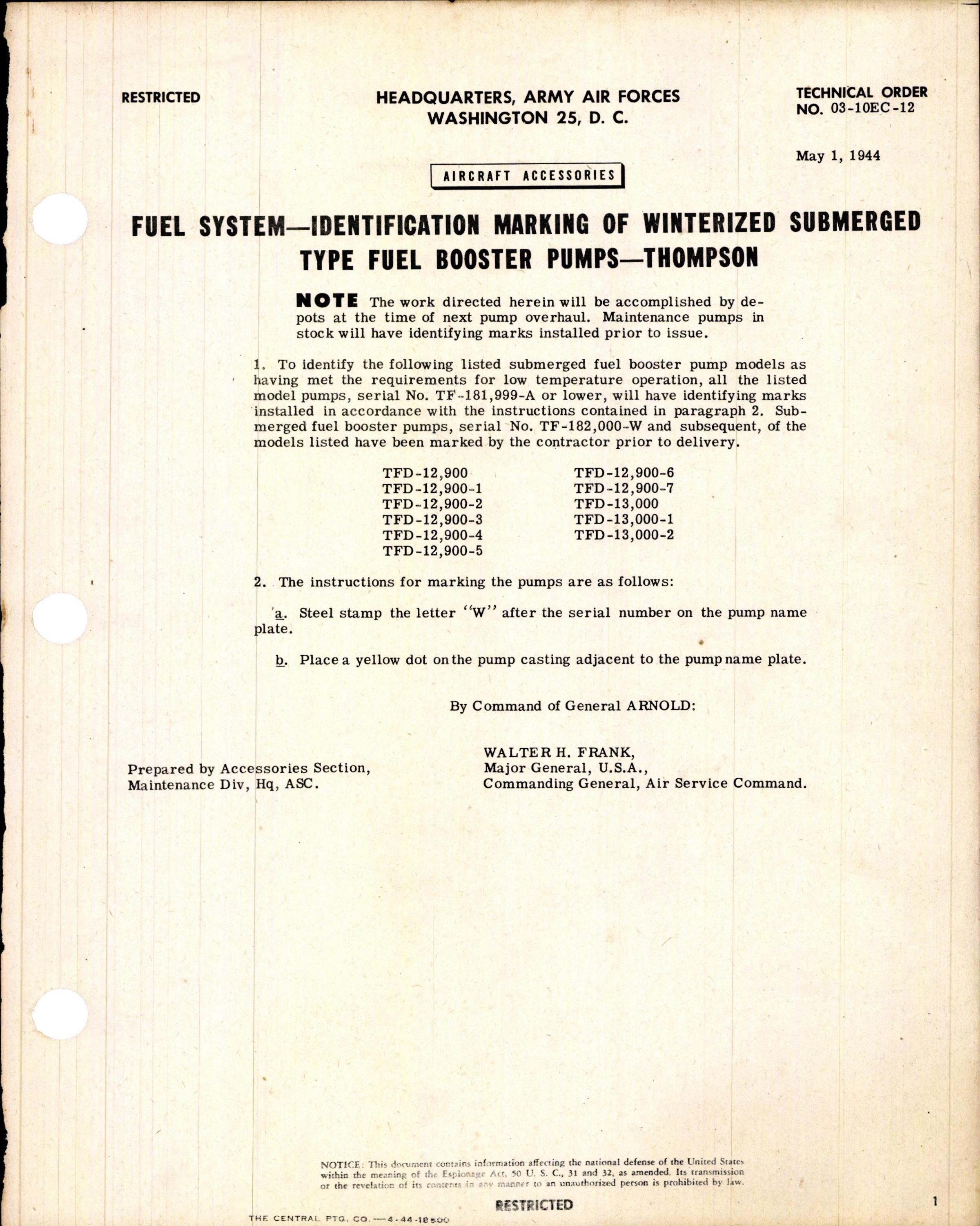 Sample page 1 from AirCorps Library document: Identification Markings of Winterized Thompson Submerged Type Fuel Booster Pumps