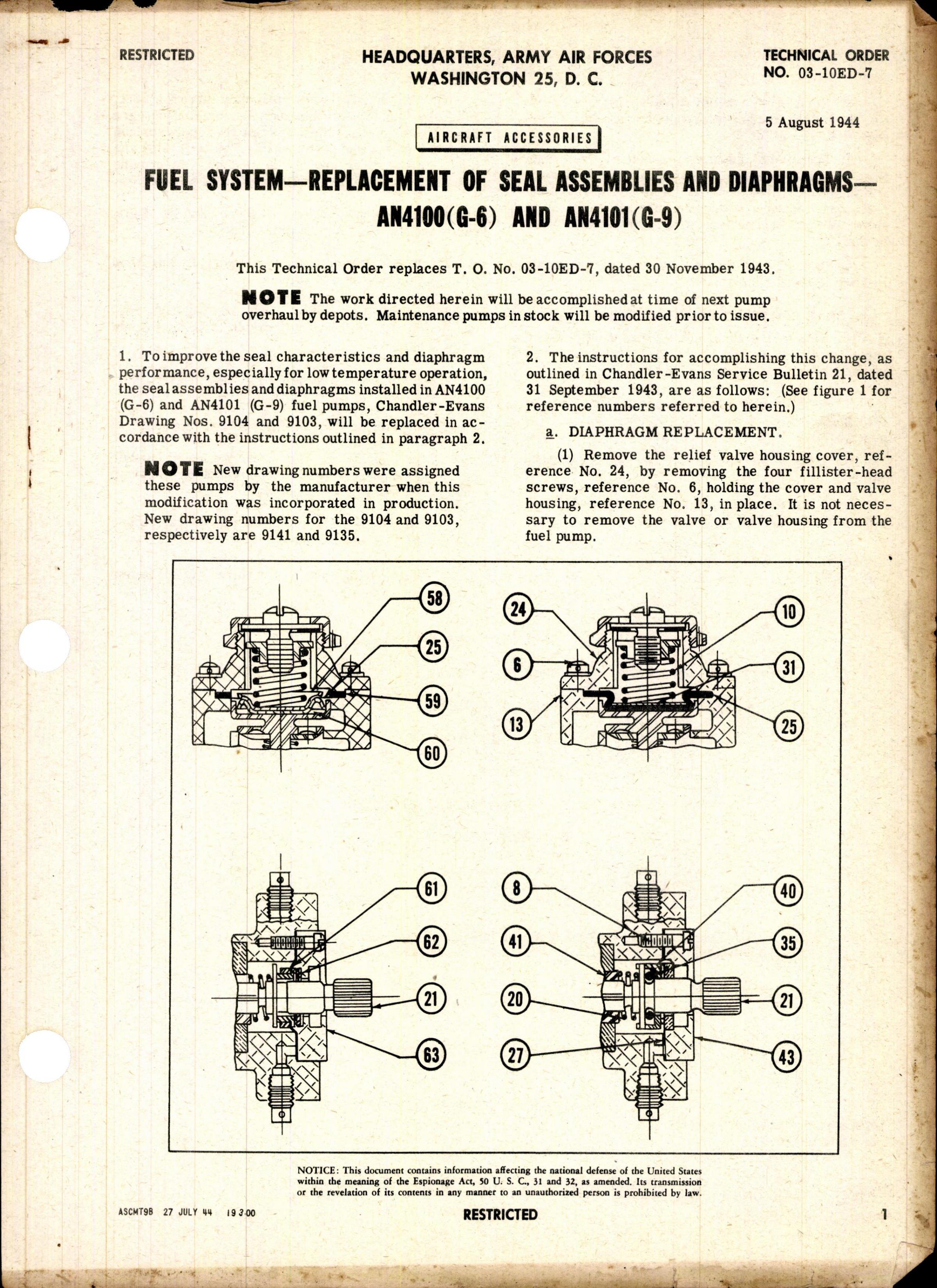 Sample page 1 from AirCorps Library document: Replacement of Seal Assemblies and Diaphragms - AN4100 (G-6) and AN4101 (G-9)