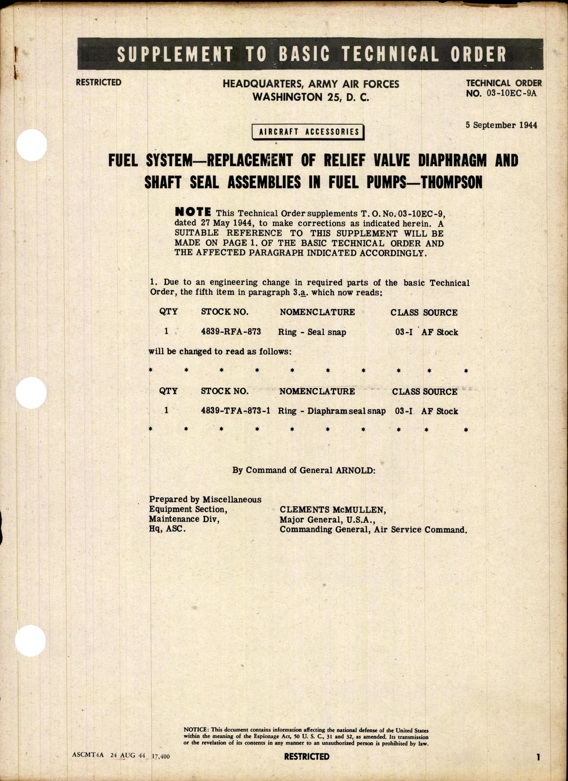 Sample page 1 from AirCorps Library document: Replacement of Relief Valve Diaphragm and Shaft Seal Assemblies in Thompson Fuel Pumps