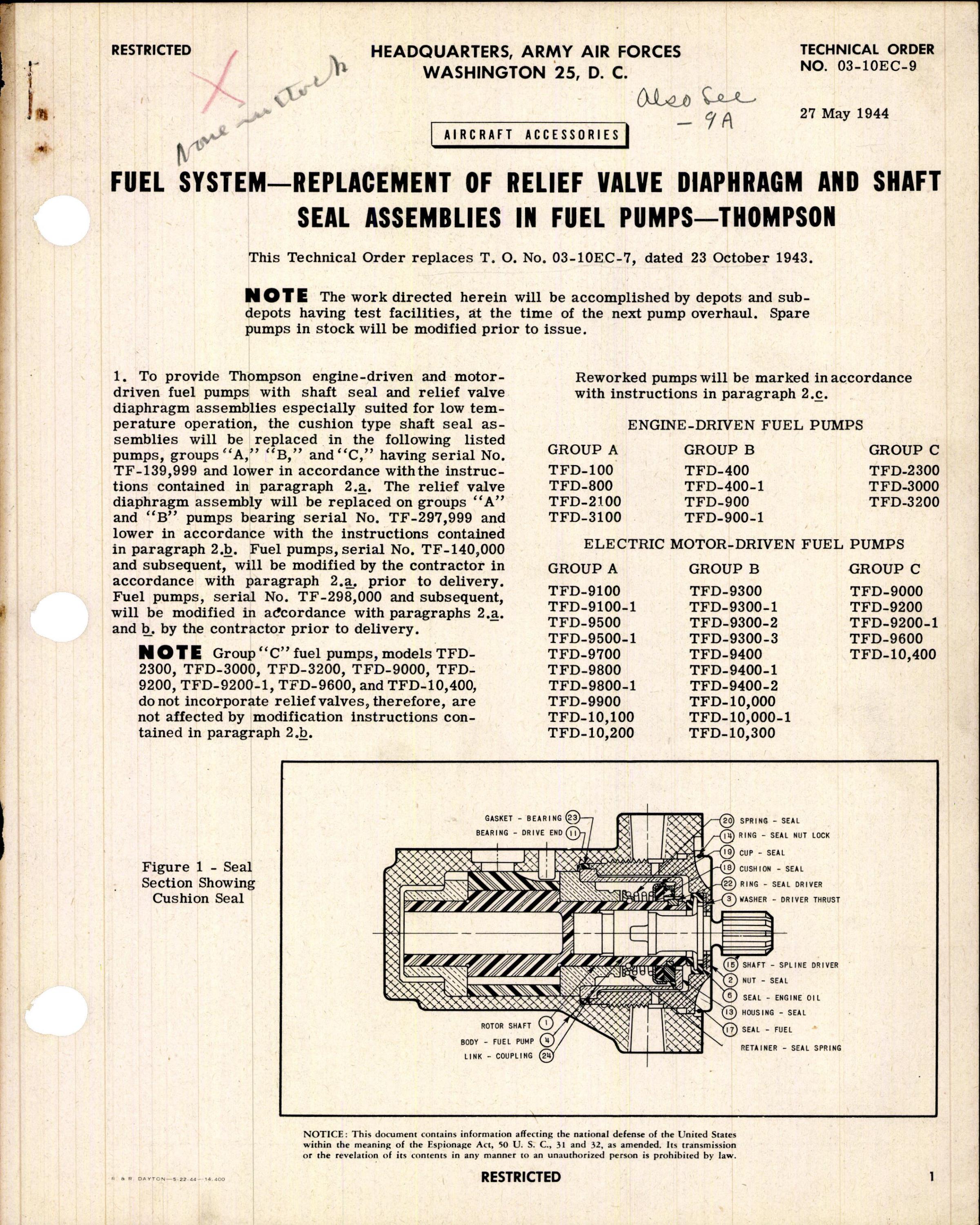Sample page 1 from AirCorps Library document: Replacement of Relief Valve Diaphragm and Shaft Seal Assemblies in Thompson Fuel Pumps