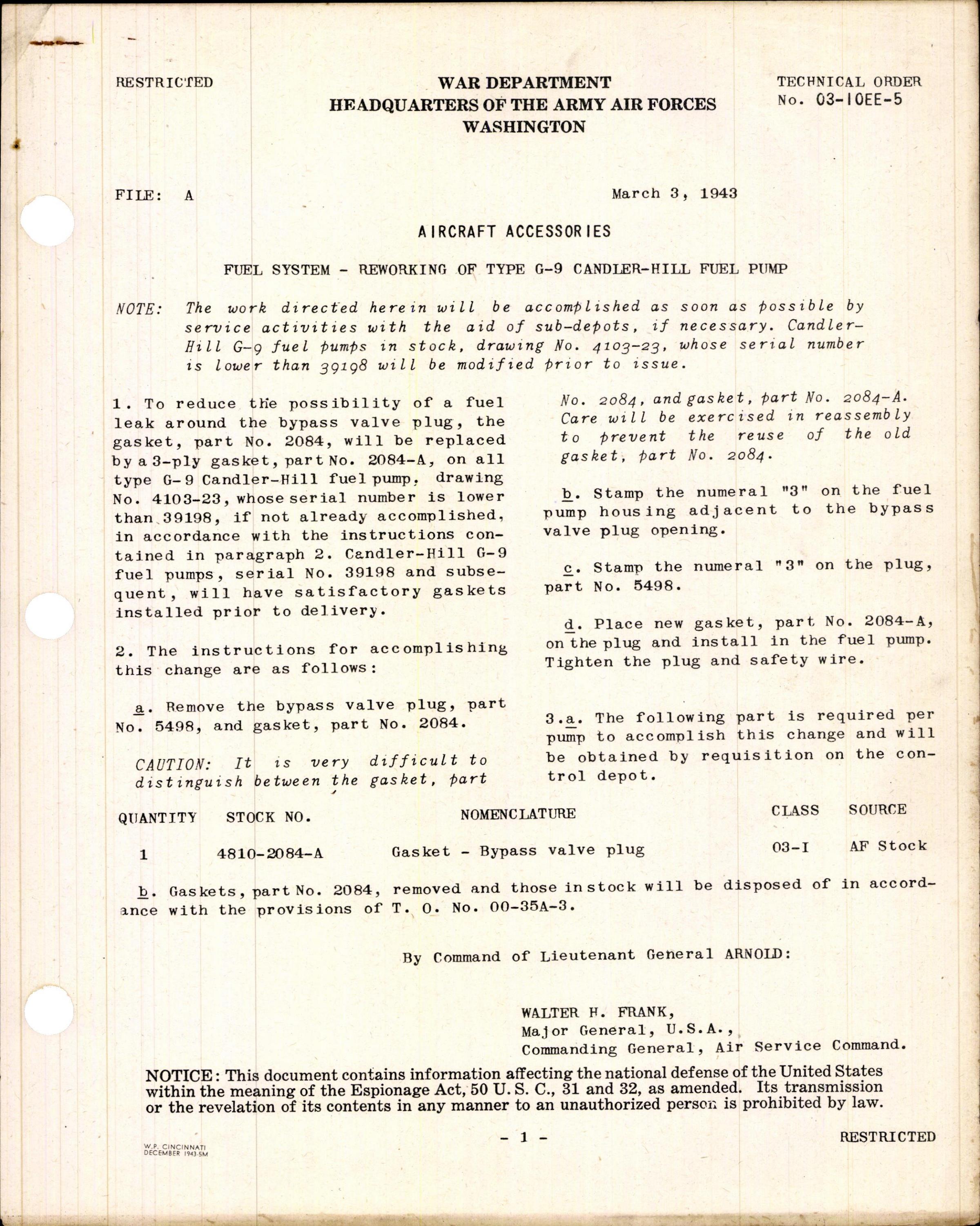 Sample page 1 from AirCorps Library document: Reworking of Type G-9 Candler-Hill Fuel Pump
