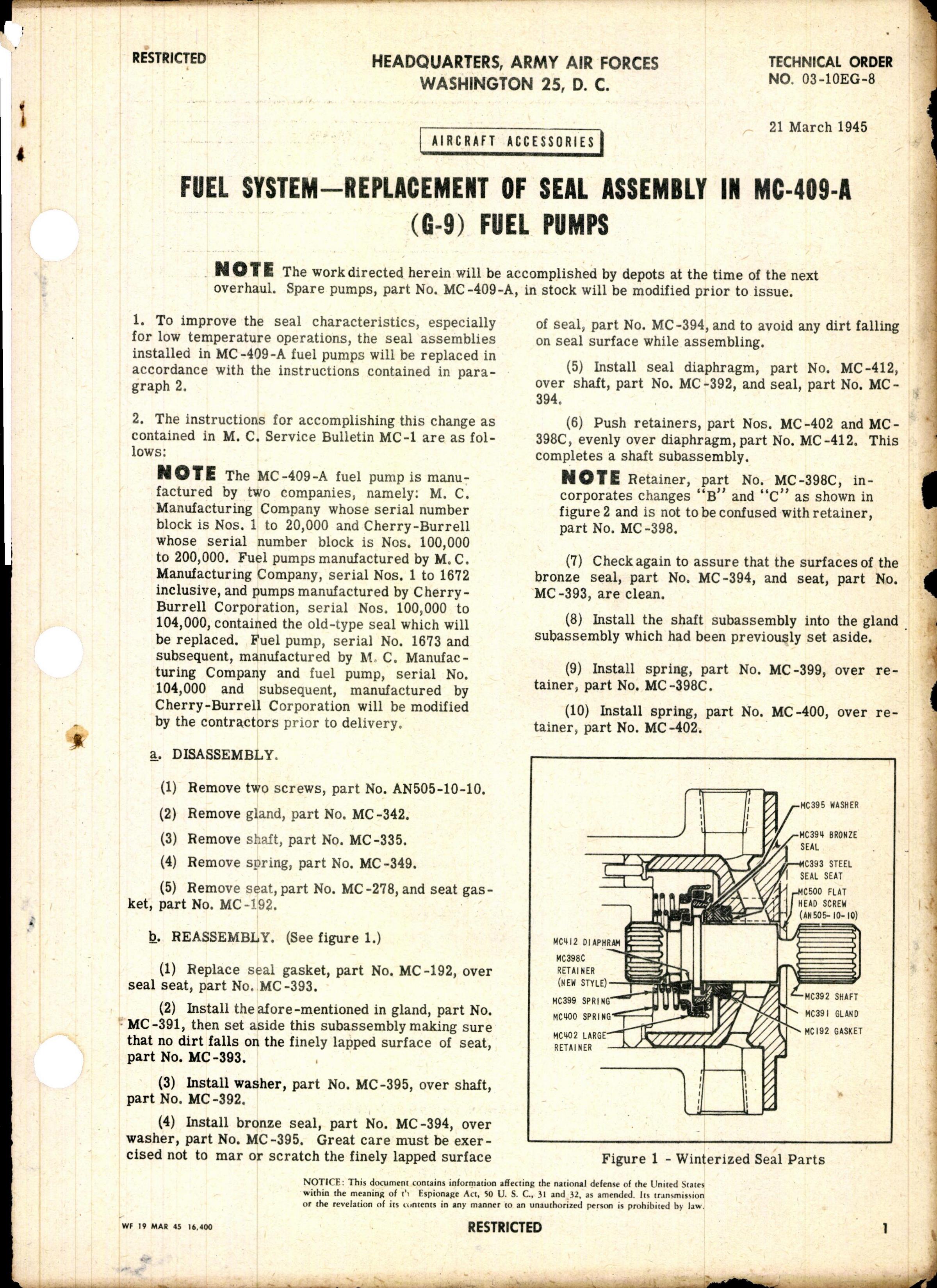 Sample page 1 from AirCorps Library document: Replacement of Seal Assembly in MC-409-A (G-9) Fuel Pumps
