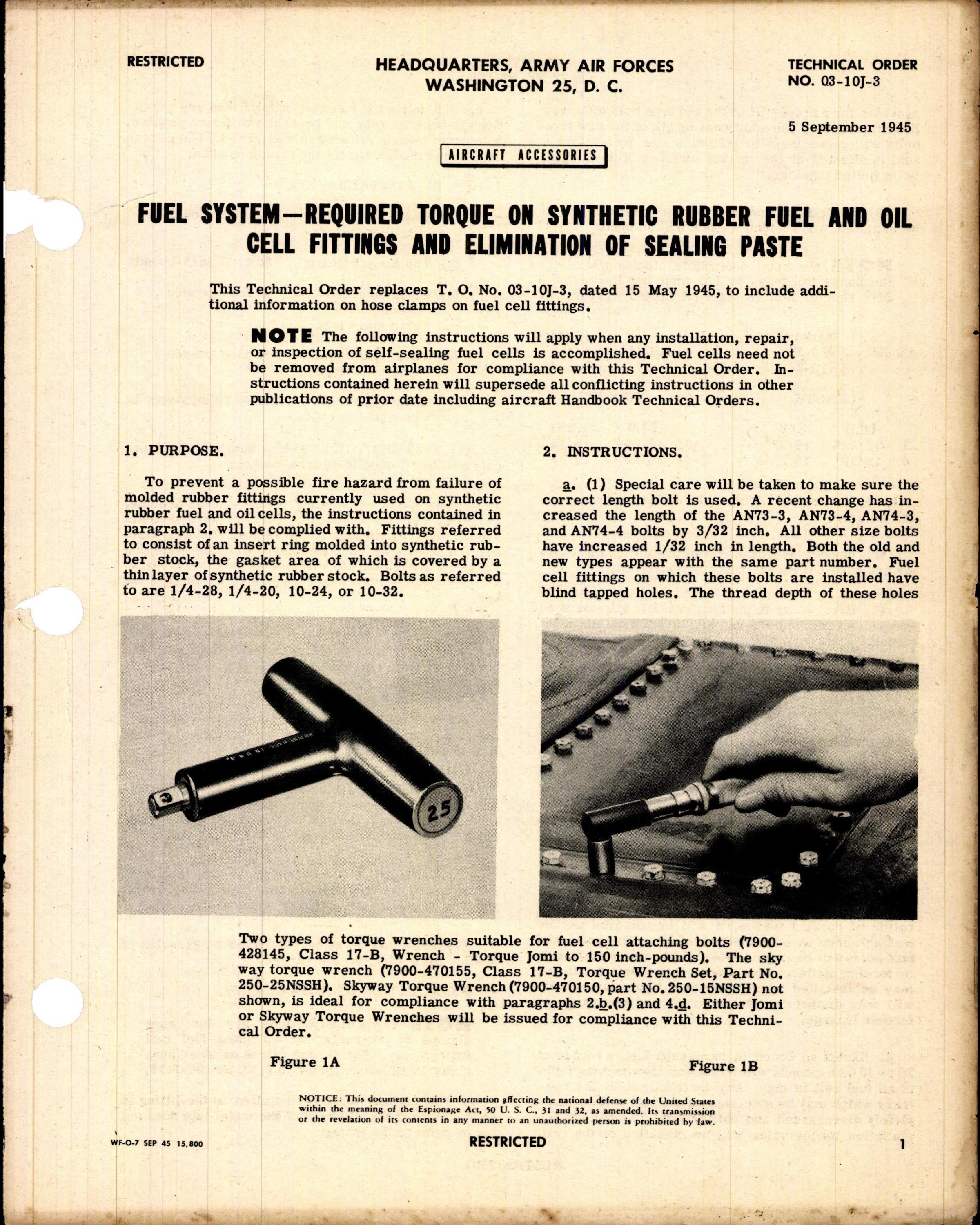 Sample page 1 from AirCorps Library document: Required Torque on Synthetic Rubber Fuel and Oil Cell Fitting and Elimination of Sealing Paste