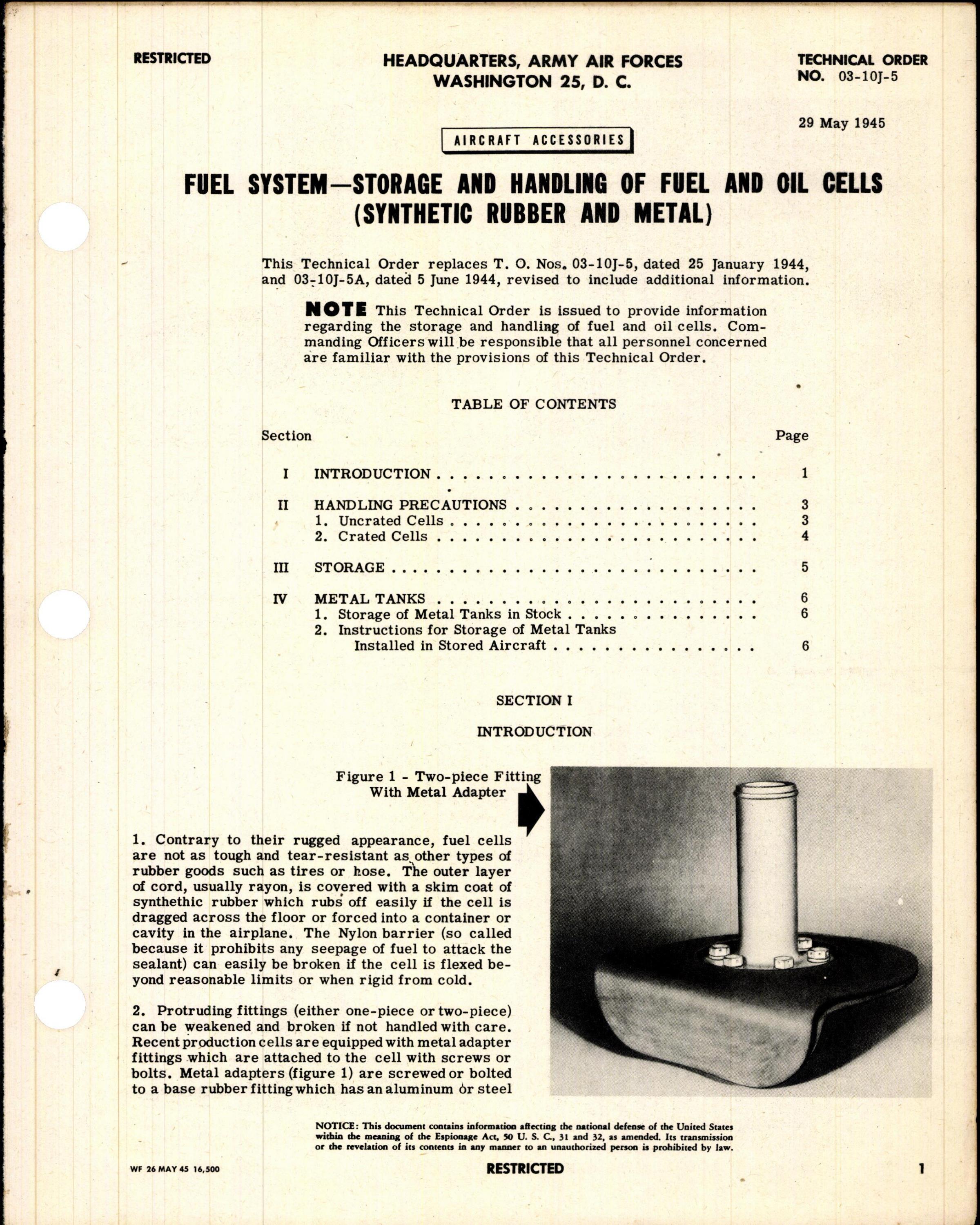 Sample page 1 from AirCorps Library document: Storage and Handling of Fuel and Oil Cells (Synthetic Rubber and Metal)