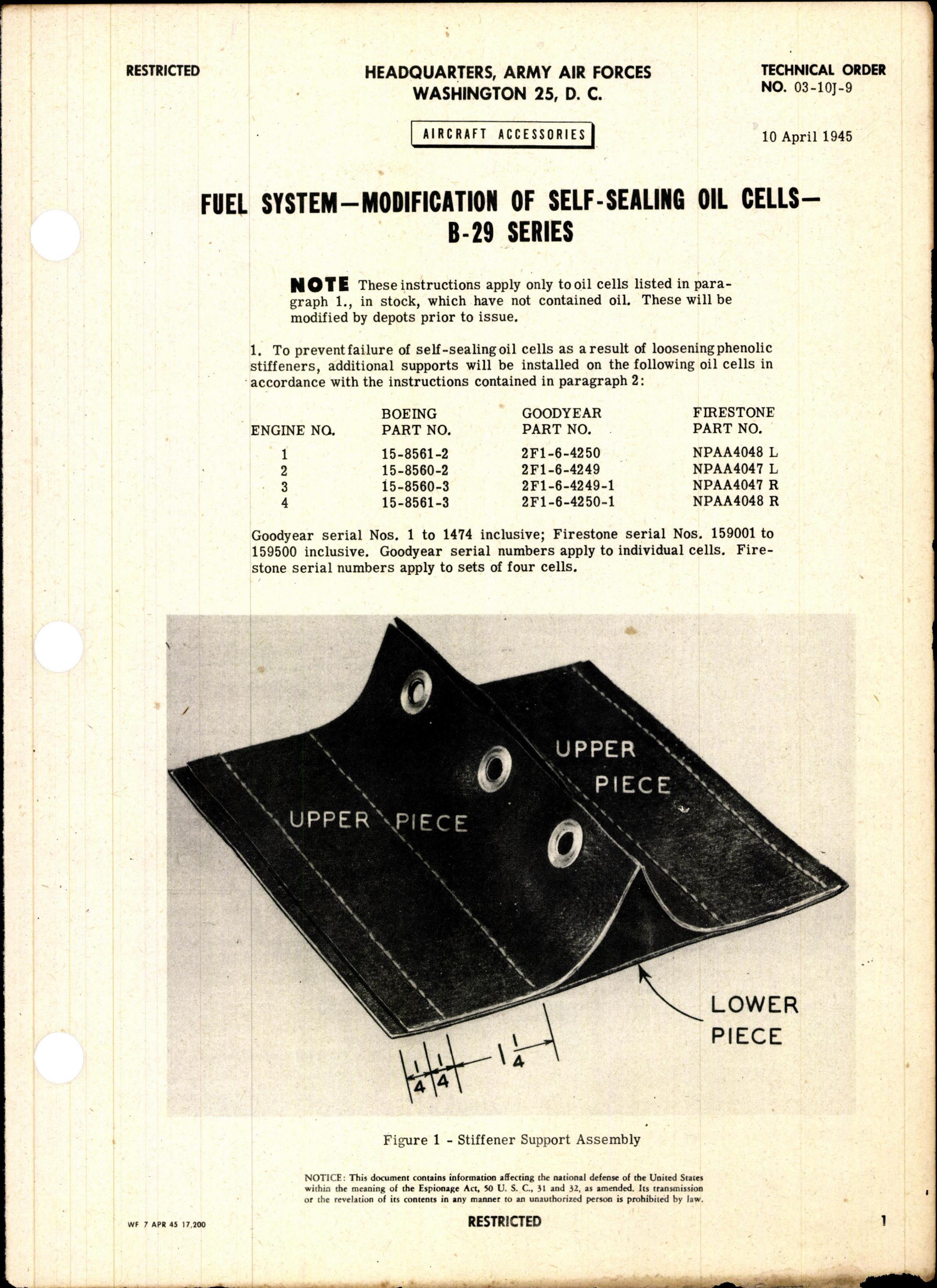 Sample page 1 from AirCorps Library document: Modification of Self-Sealing Oil Cells for B-29 Series Aircraft