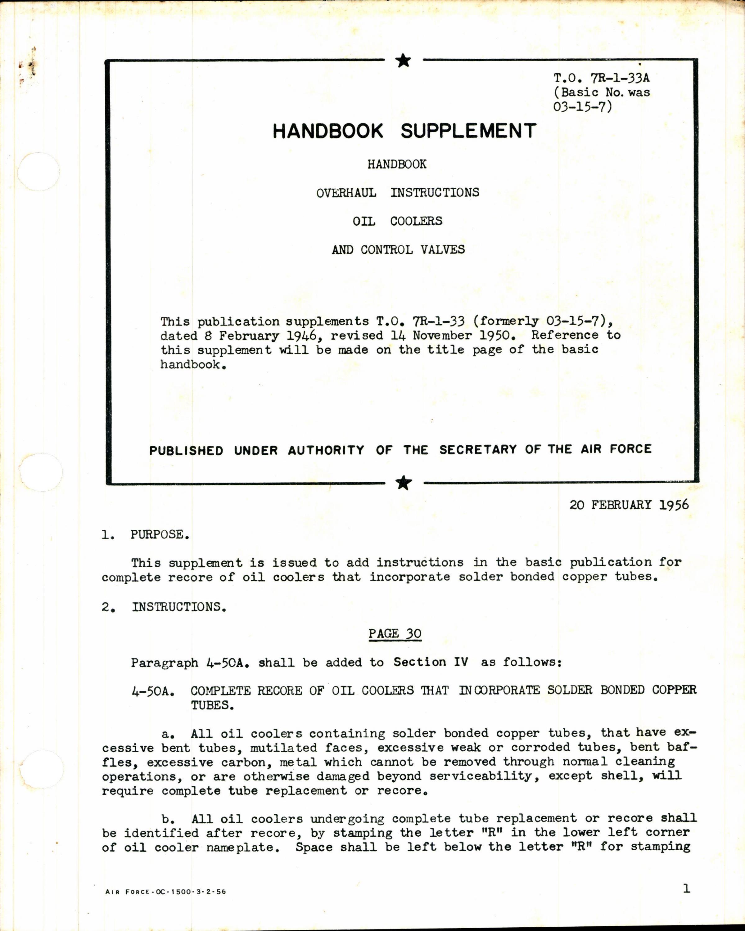 Sample page 1 from AirCorps Library document: Handbook Supplement Overhaul Instructions for Oil Coolers and Control Valves