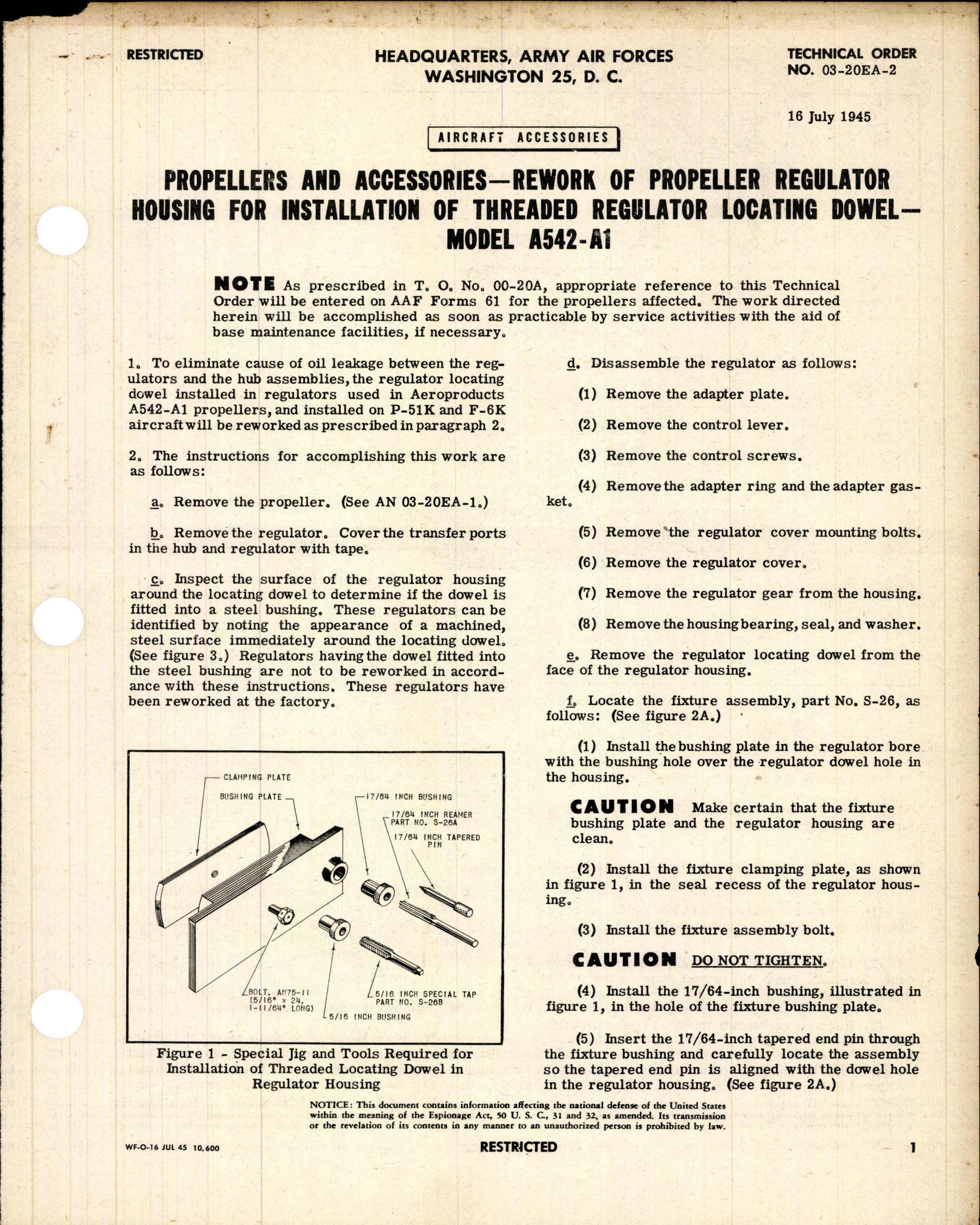 Sample page 1 from AirCorps Library document: Rework of Propeller Regulator Housing and Installation of Threaded Regulator Locating Dowel