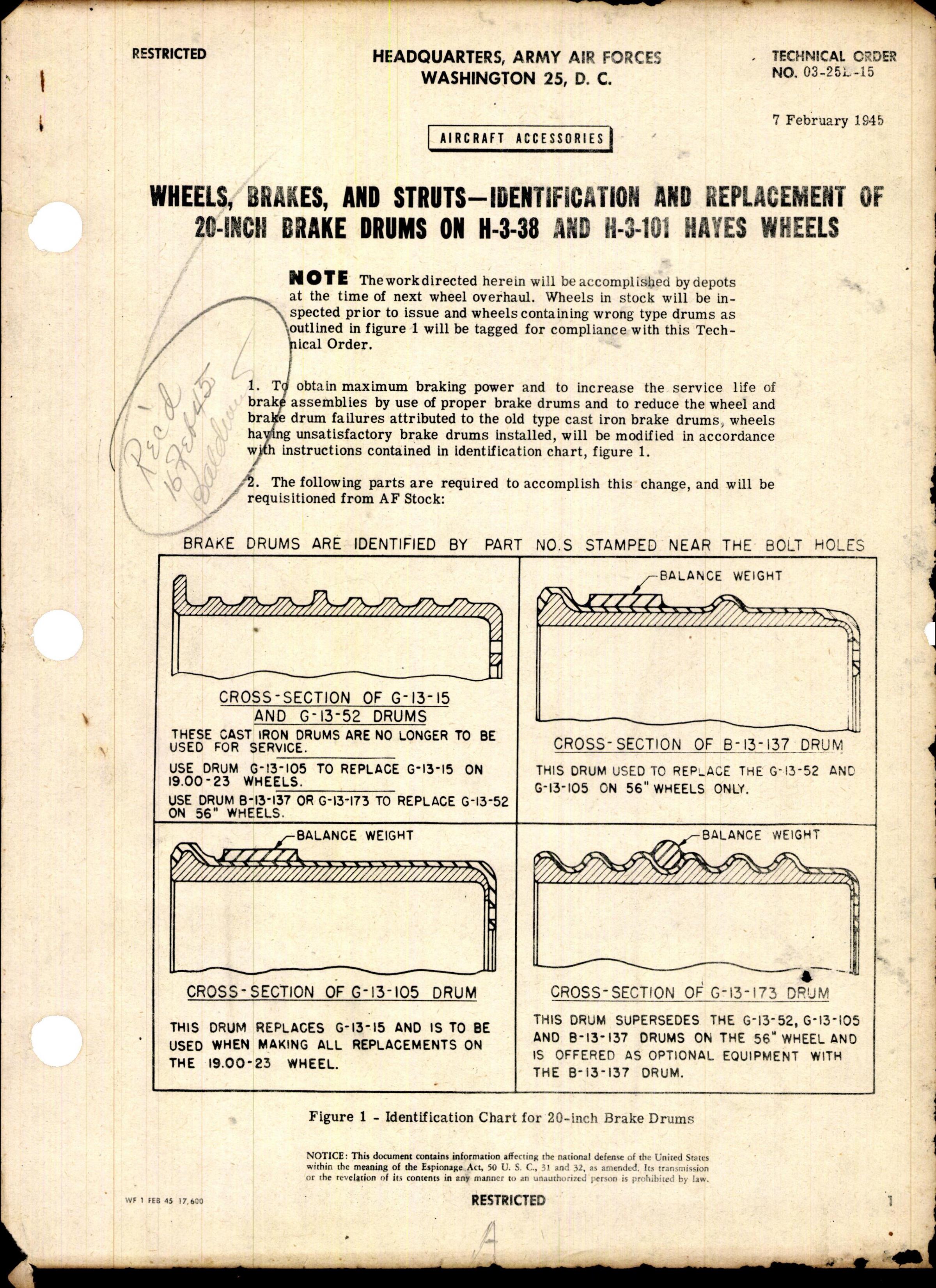 Sample page 1 from AirCorps Library document: Identification and Replacement of 20-Inch Brake Drums on H-3-38 and H-3-101 Hayes Wheels
