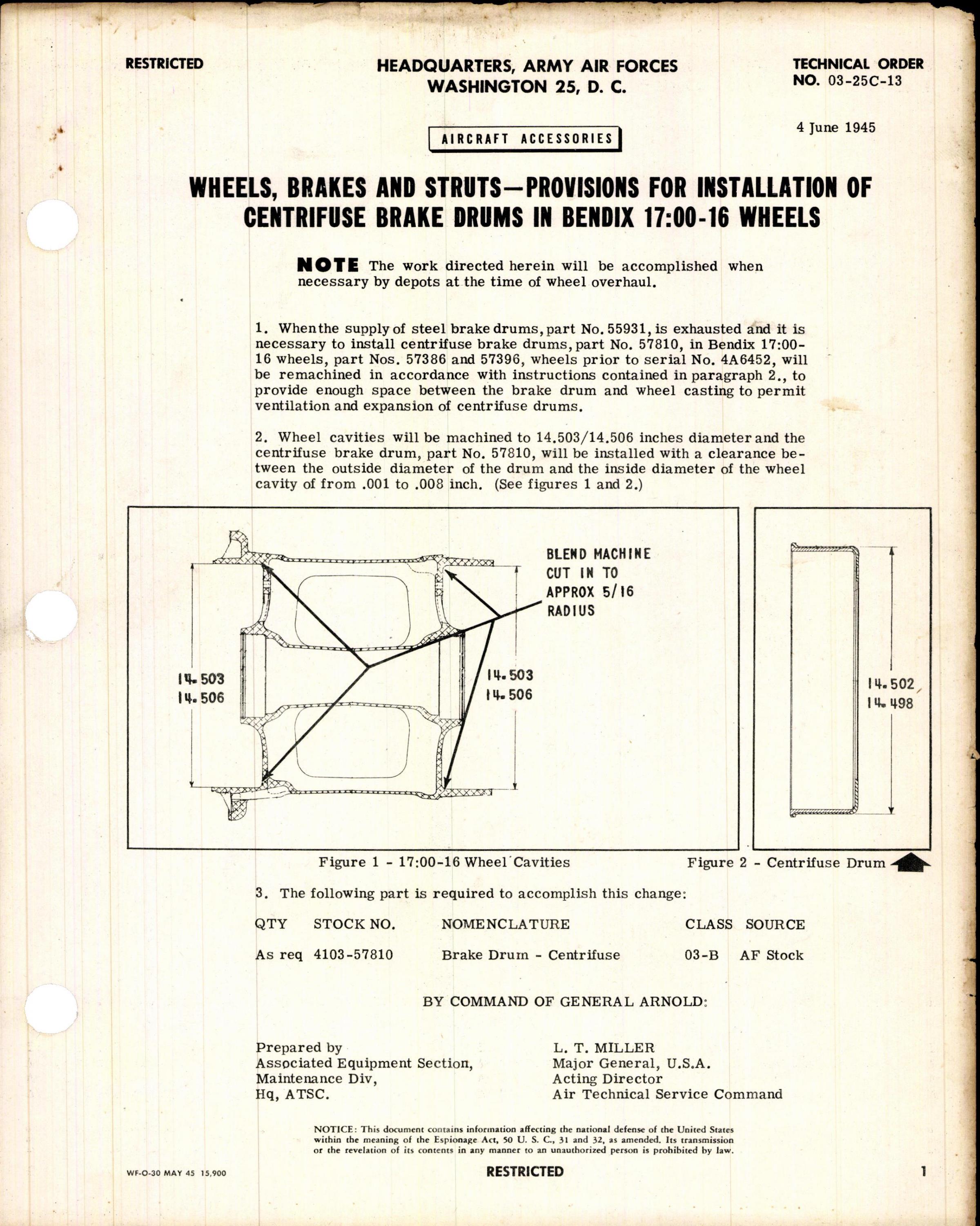 Sample page 1 from AirCorps Library document: Provisions for Installation of Centrifuse Brake Drums In Bendix 17:00-16 Wheels