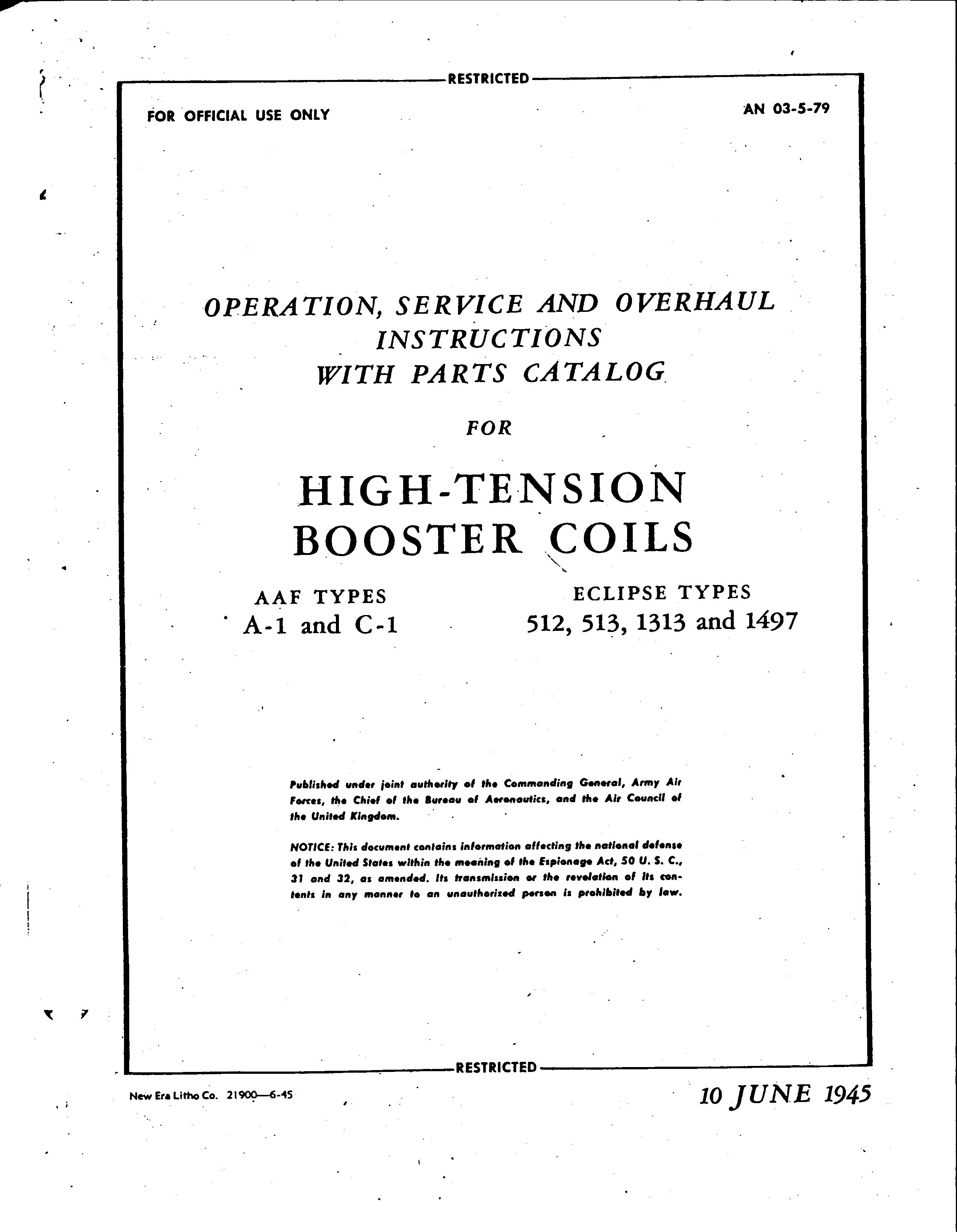 Sample page 1 from AirCorps Library document: Service and Instructions for High-Tension Booster Coils