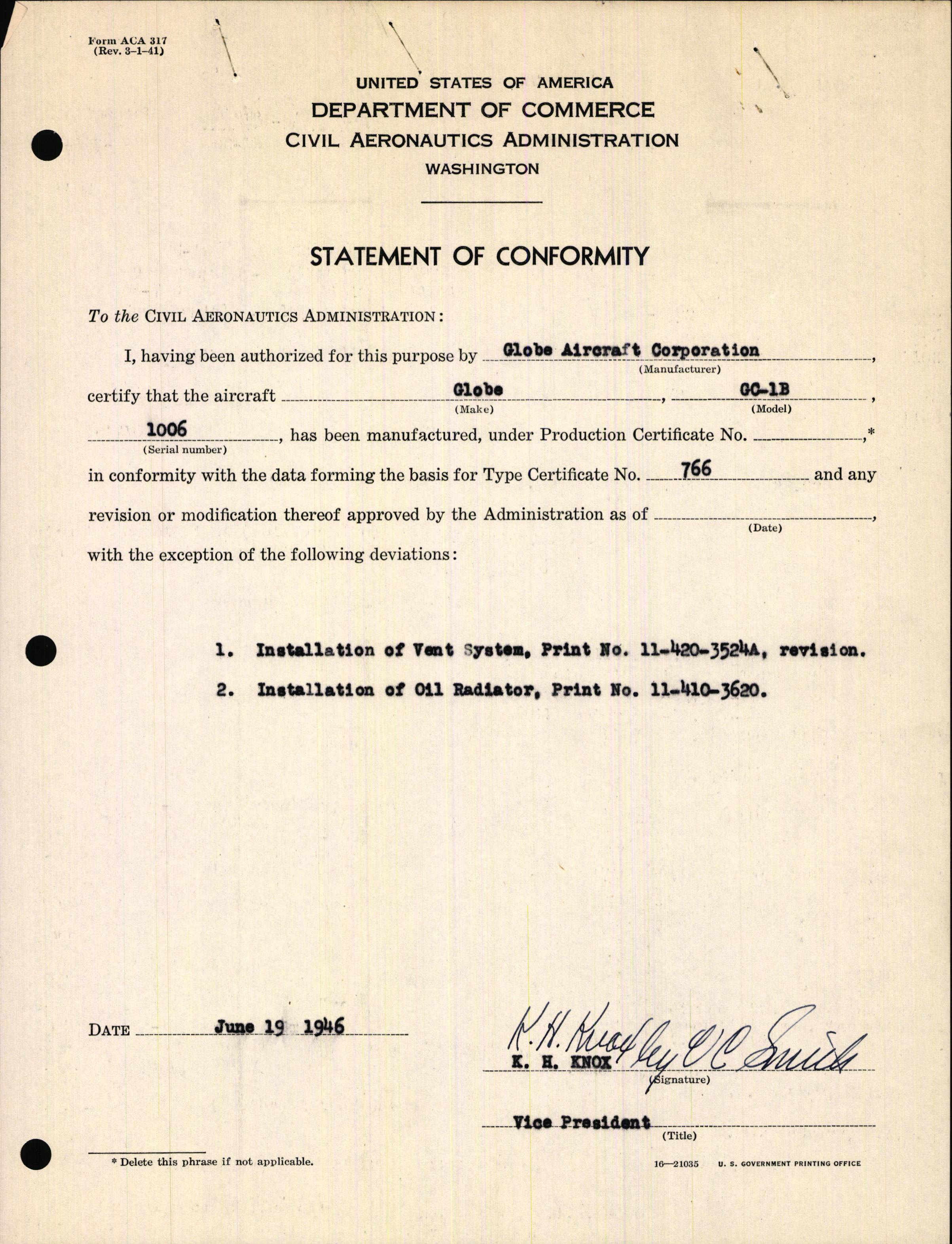 Sample page 3 from AirCorps Library document: Technical Information for Serial Number 1006