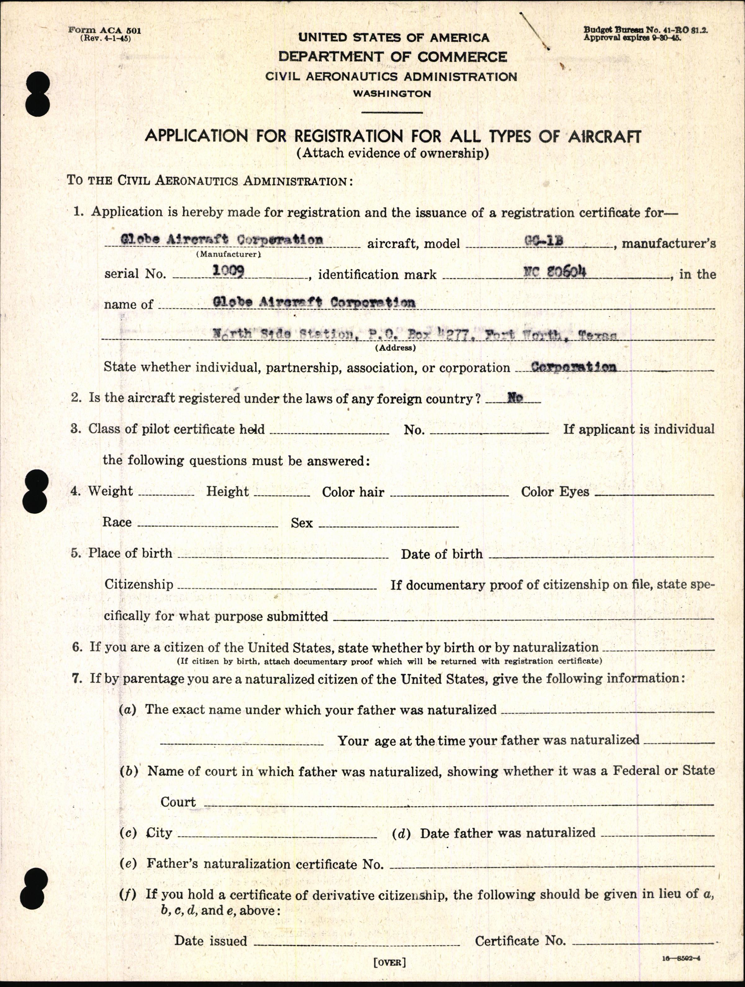 Sample page 3 from AirCorps Library document: Technical Information for Serial Number 1009