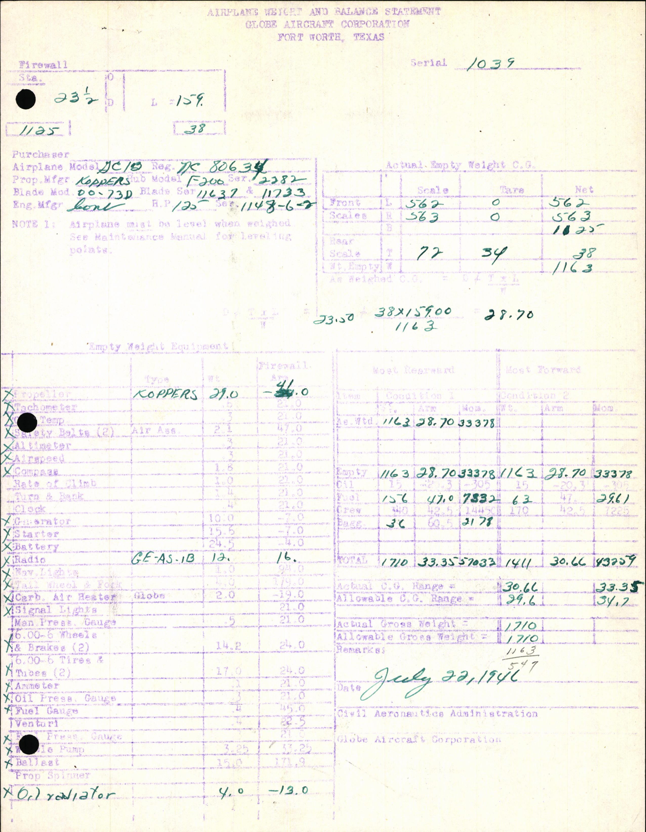 Sample page 5 from AirCorps Library document: Technical Information for Serial Number 1039